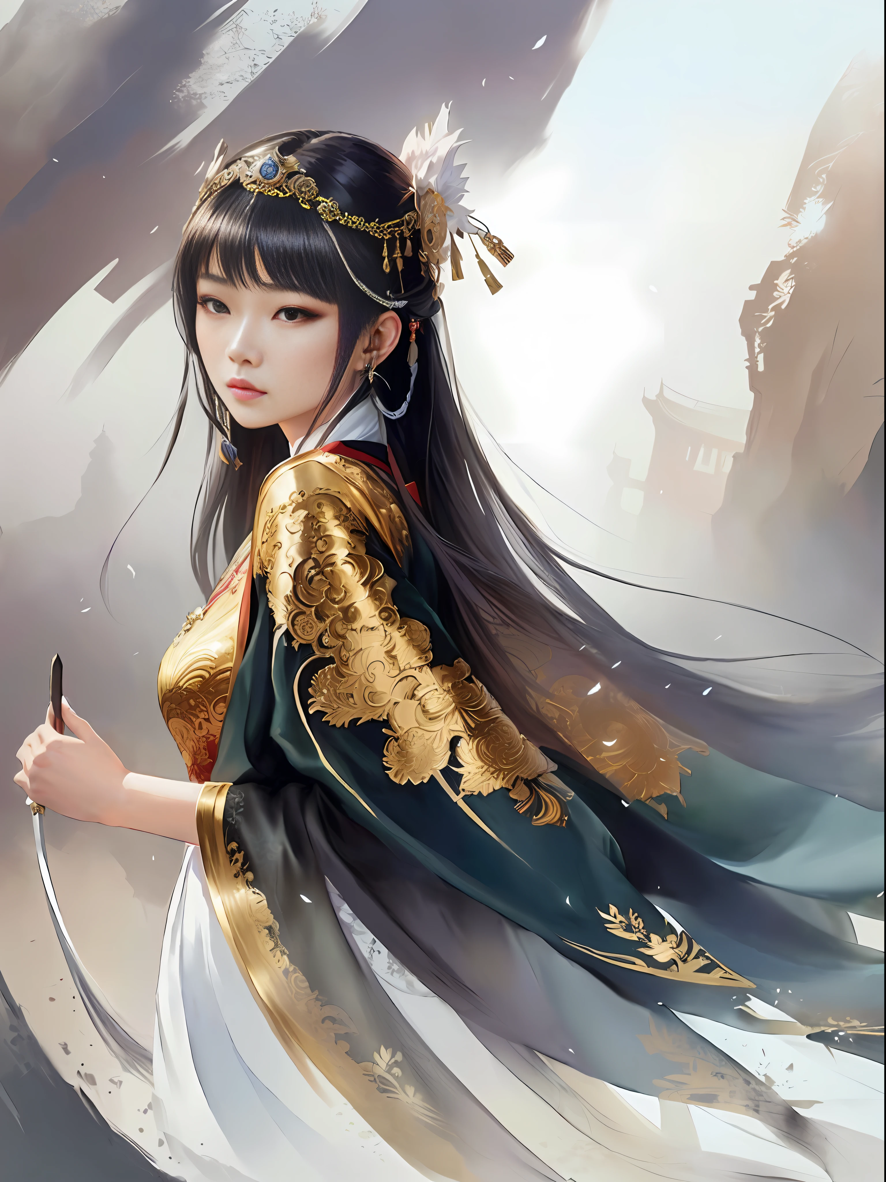 painting of a woman in a chinese dress holding a sword, palace ， a girl in hanfu, a beautiful fantasy empress, beautiful character painting, ((a beautiful fantasy empress)), artwork in the style of guweiz, guweiz, ancient chinese princess, inspired by Du Qiong, by Yang J, full body xianxia, chinese princess