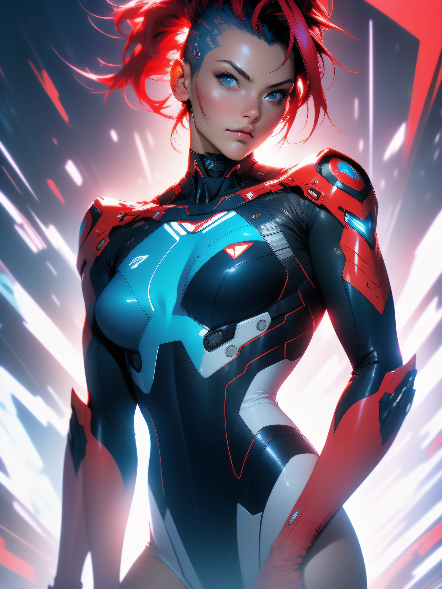 ((Best quality)), ((masterpiece)), (detailed: 1.4), (Absurd), War-ready female fighter pilot, dark skin, flash dc comics, lightning and lightning, muscular sculptural body defined, full body, half-thick naked thighs, closed mouth, muscular body covered in technological clothing, Neon Genesis Evangelion style, cyberpunk, generous neckline, ((perfect medium breasts)), (super light blue eyes without pupils), ((totally red clothes white rays)), (((short straight black mohawk hair)))), long eyelashes and black heavy makeup, garter belt, by mucha, niji --V5, near real, psychopath, crazy face, sexy pose, red and white background, 2 piece clothing, pastel, centered, scale to fit dimensions, HDR (High Dynamic Range),Ray Tracing,NVIDIA RTX,Super-Resolution,Unreal 5, Subsurface Dispersion, PBR Texture, Post-processing, Anisotropic Filtering, Depth of Field, Maximum Clarity and Sharpness, Multilayer Textures, Albedo and Specular Maps, Surface Shading, Accurate Simulation of Light-Material Interaction, Perfect Proportions, Octane Render, Two-Tone Lighting, Wide Aperture, Low ISO, White Balance, Rule of Thirds, 8K RAW, Crysisnanosuit