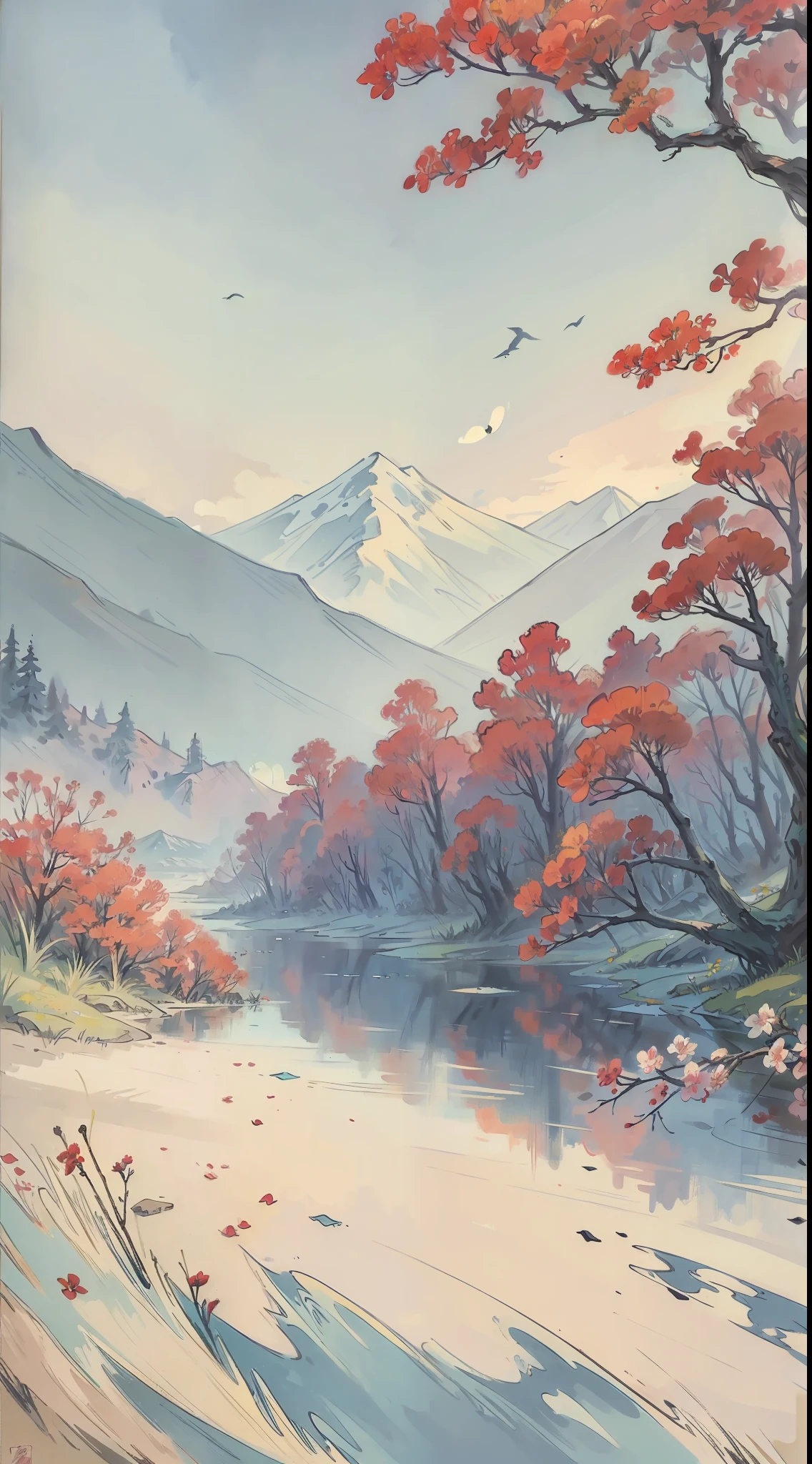 A painting of flowers and birds, the painting is a lot of flowers blooming on the ground, mountains and rivers, woods, hills, a red full moon in the sky, (do not appear figures)