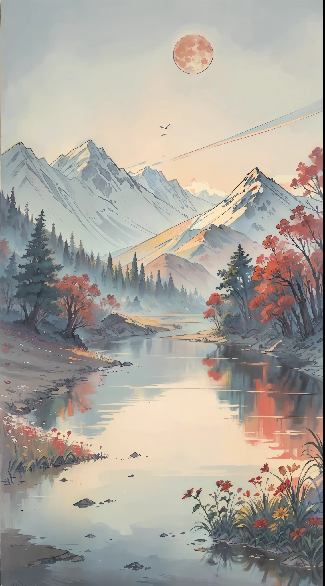 A painting of flowers and birds, the painting is a lot of flowers blooming on the ground, mountains and rivers, woods, hills, a red full moon in the sky, (do not appear figures)