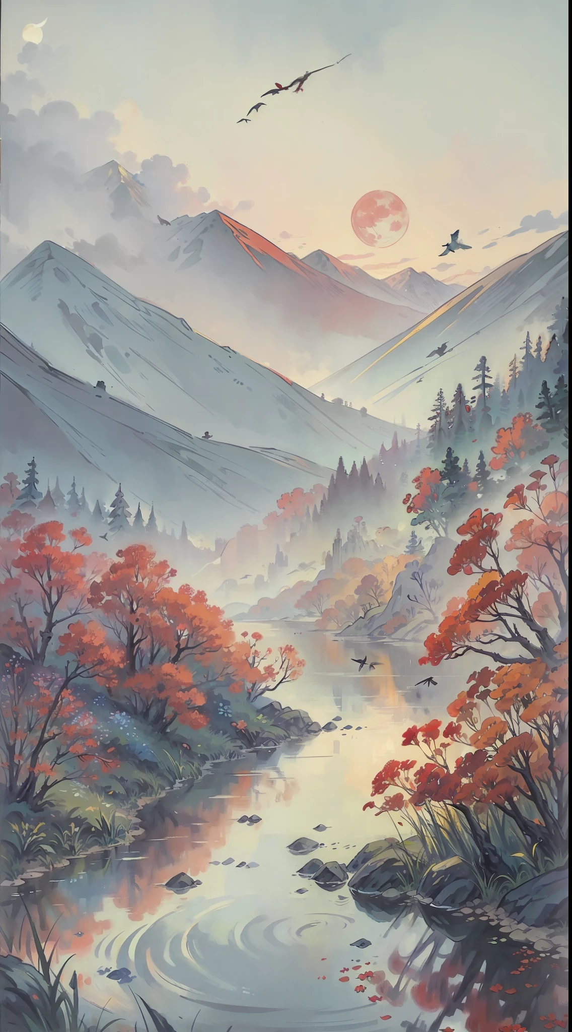 A painting of flowers and birds, the painting is a lot of flowers blooming on the ground, mountains and rivers, woods, hills, a red full moon in the sky, (do not appear figures)