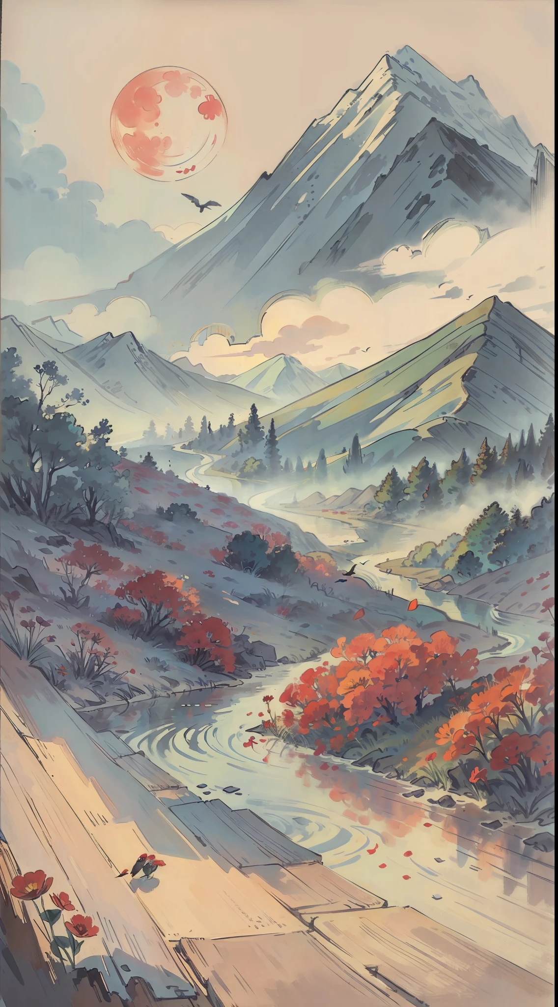 A painting of flowers and birds, the painting is a lot of flowers blooming on the ground, mountains and rivers, woods, hills, a red full moon in the sky, (do not appear figures)