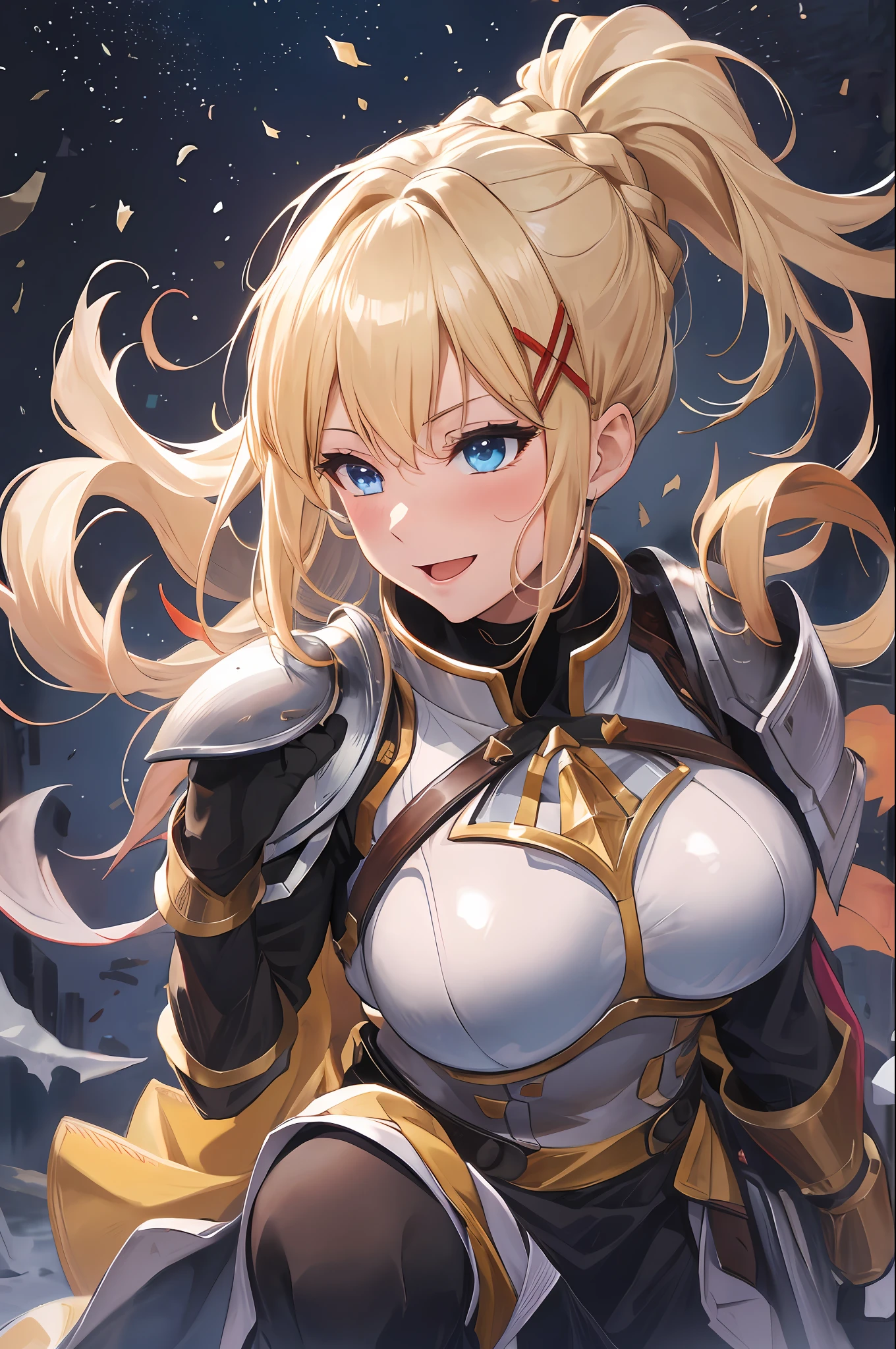 Dakunes, Knight, large breasts, (excited:1.2), blush, mouth opened, upper body, Top Quality, Hi-Res, 1 Girl, Long Hair, Blonde Hair, X Hair Ornament, Armor, Blue Eyes, Ponytail, Hair Ornament, Gloves, Shoulder Armor, Braid, Black Gloves, pauldrons, White Boots, Darkness \(Konosuba\), simple background, high quality, high resolution.