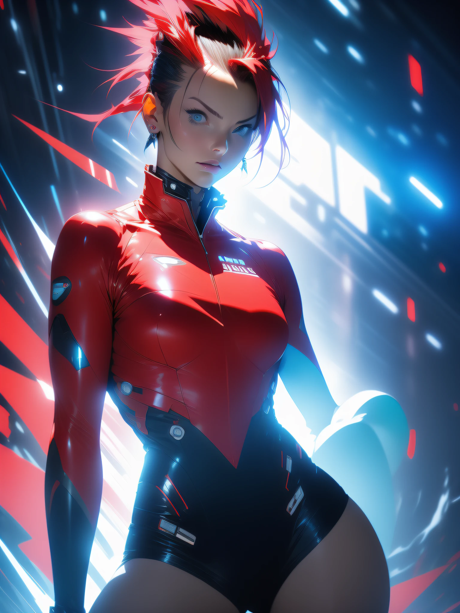 ((Best quality)), ((masterpiece)), (detailed: 1.4), (Absurd), Margot Robbie, Fighter pilot woman ready for war, dark skin, flash dc comics, lightning and lightning, sculptural body defined, whole body, half thick naked thighs, closed mouth, muscular body covered by technological clothing, Neon Genesis Evangelion style, cyberpunk, generous neckline, ((perfect medium breasts)), (super light blue eyes without pupils), ((totally red clothes white rays)), (((short straight black mohawk hair)))), long eyelashes and black heavy makeup, garter belt, by mucha, niji --V5, near real, psychopath, crazy face, sexy pose, red and white background, 2 piece clothing, pastel, centered, scale to fit dimensions, HDR (High Dynamic Range),Ray Tracing,NVIDIA RTX,Super-Resolution,Unreal 5, Subsurface Dispersion, PBR Texture, Post-processing, Anisotropic Filtering, Depth of Field, Maximum Clarity and Sharpness, Multilayer Textures, Albedo and Specular Maps, Surface Shading, Accurate Simulation of Light-Material Interaction, Perfect Proportions, Octane Render, Two-Tone Lighting, Wide Aperture, Low ISO, White Balance, Rule of Thirds, 8K RAW, Crysisnanosuit