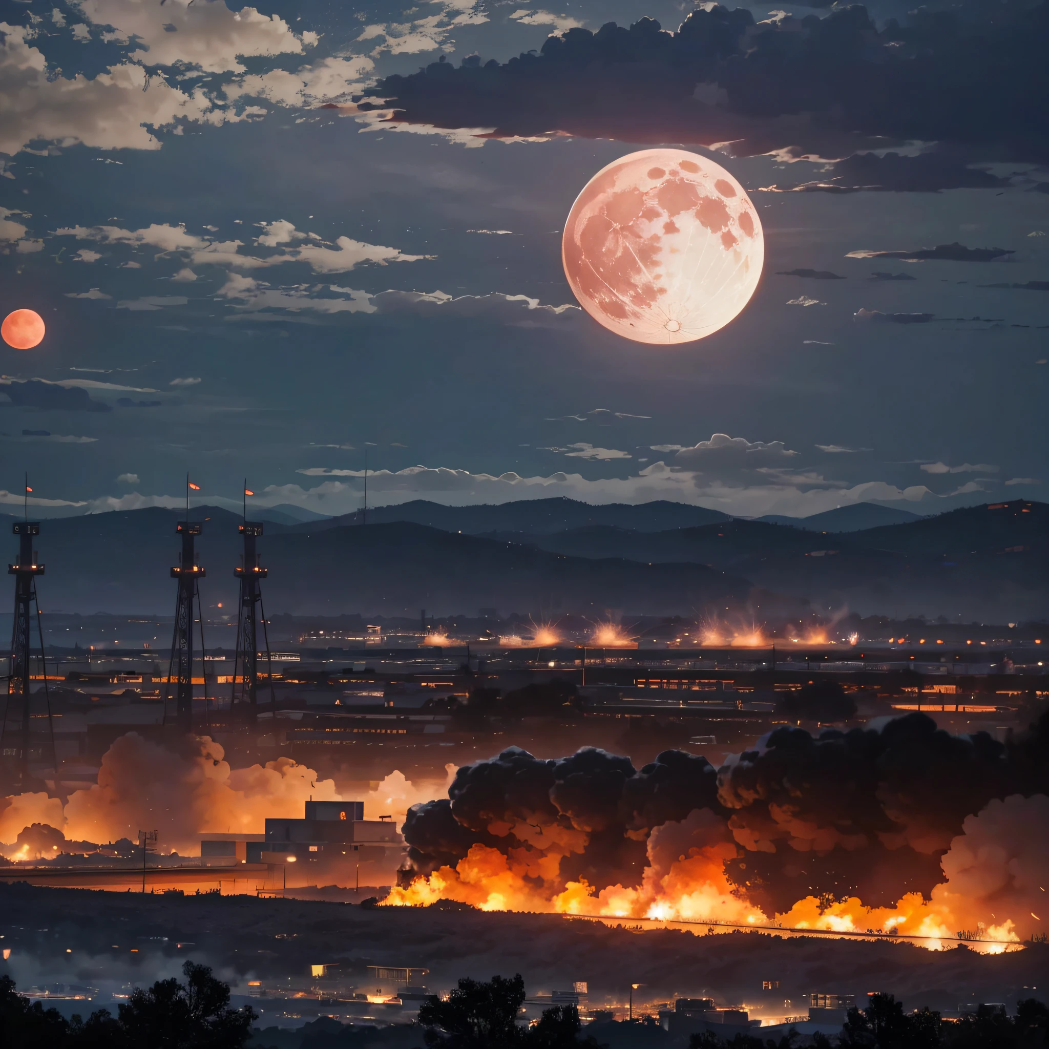 At night, large military bases, blood moons, hundreds of artillery pieces, ready to fire