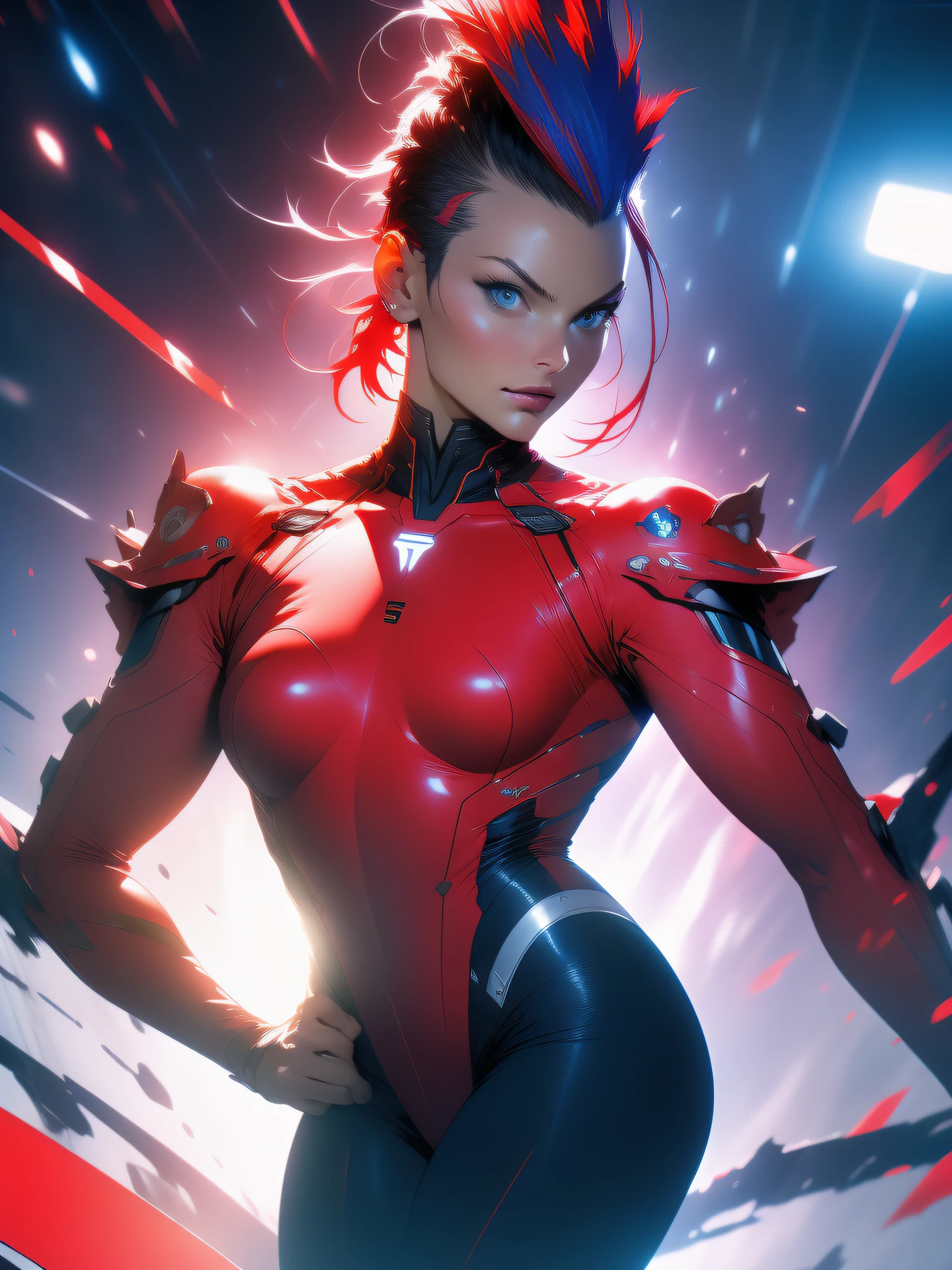 ((Best quality)), ((masterpiece)), (detailed: 1.4), (Absurd), Margot Robbie, Fighter pilot woman ready for war, dark skin, flash dc comics, lightning and lightning, sculptural body defined, whole body, half thick naked thighs, closed mouth, muscular body covered by technological clothing, Neon Genesis Evangelion style, cyberpunk, generous neckline, ((perfect medium breasts)), (super light blue eyes without pupils),  ((totally red clothes white rays)), (((short straight black mohawk hair)))), long eyelashes and black heavy makeup, garter belt, by mucha, niji --V5, near real, psychopath, crazy face, sexy pose, red and white background, 2 piece clothing, pastel, centered, scale to fit dimensions, HDR (High Dynamic Range),Ray Tracing,NVIDIA RTX,Super-Resolution,Unreal 5, Subsurface Dispersion, PBR Texture, Post-processing, Anisotropic Filtering, Depth of Field, Maximum Clarity and Sharpness, Multilayer Textures, Albedo and Specular Maps, Surface Shading, Accurate Simulation of Light-Material Interaction, Perfect Proportions, Octane Render, Two-Tone Lighting, Wide Aperture, Low ISO, White Balance, Rule of Thirds, 8K RAW, Crysisnanosuit