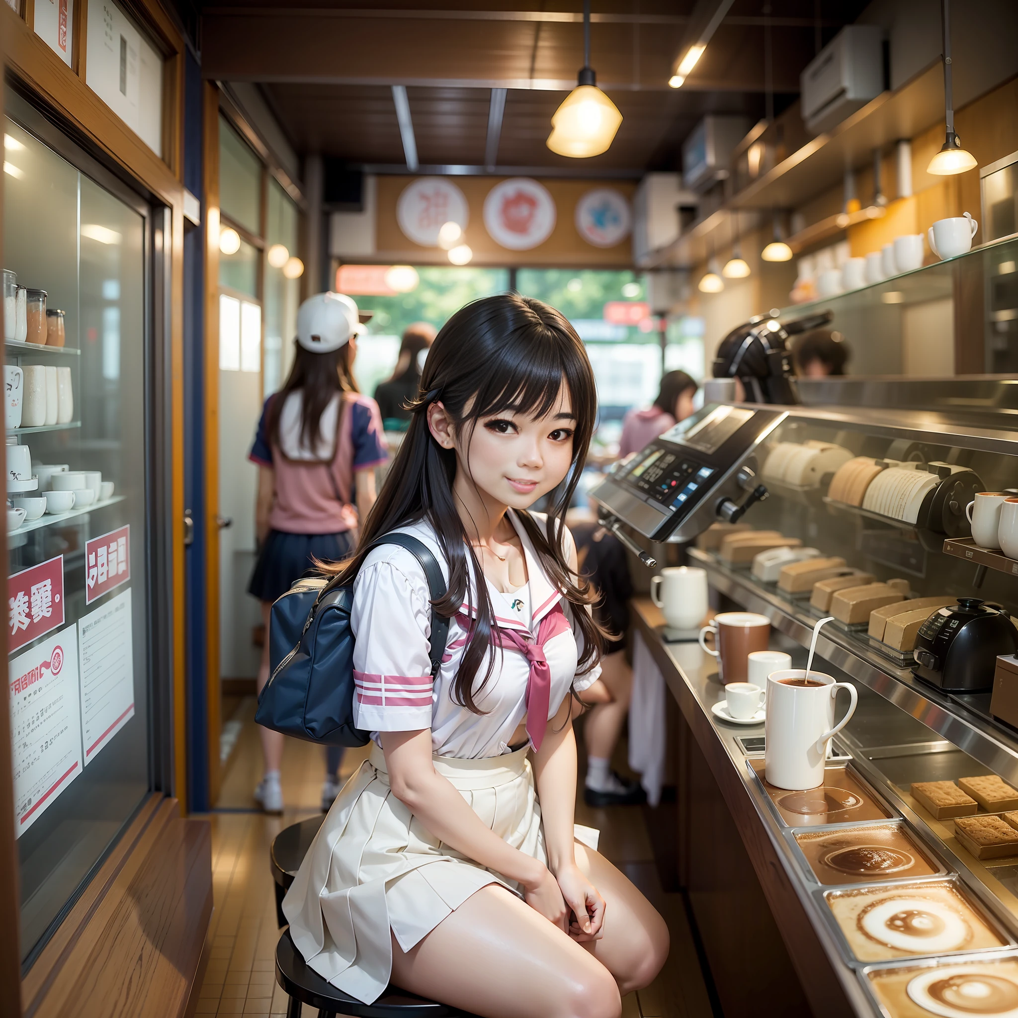 Shiori Teshiroki, teenage portrait of Japan, Harumi, Kimi Takemura, slim body, white mini skirt, coffee drinking, coffee shop, smiling, cute two girls