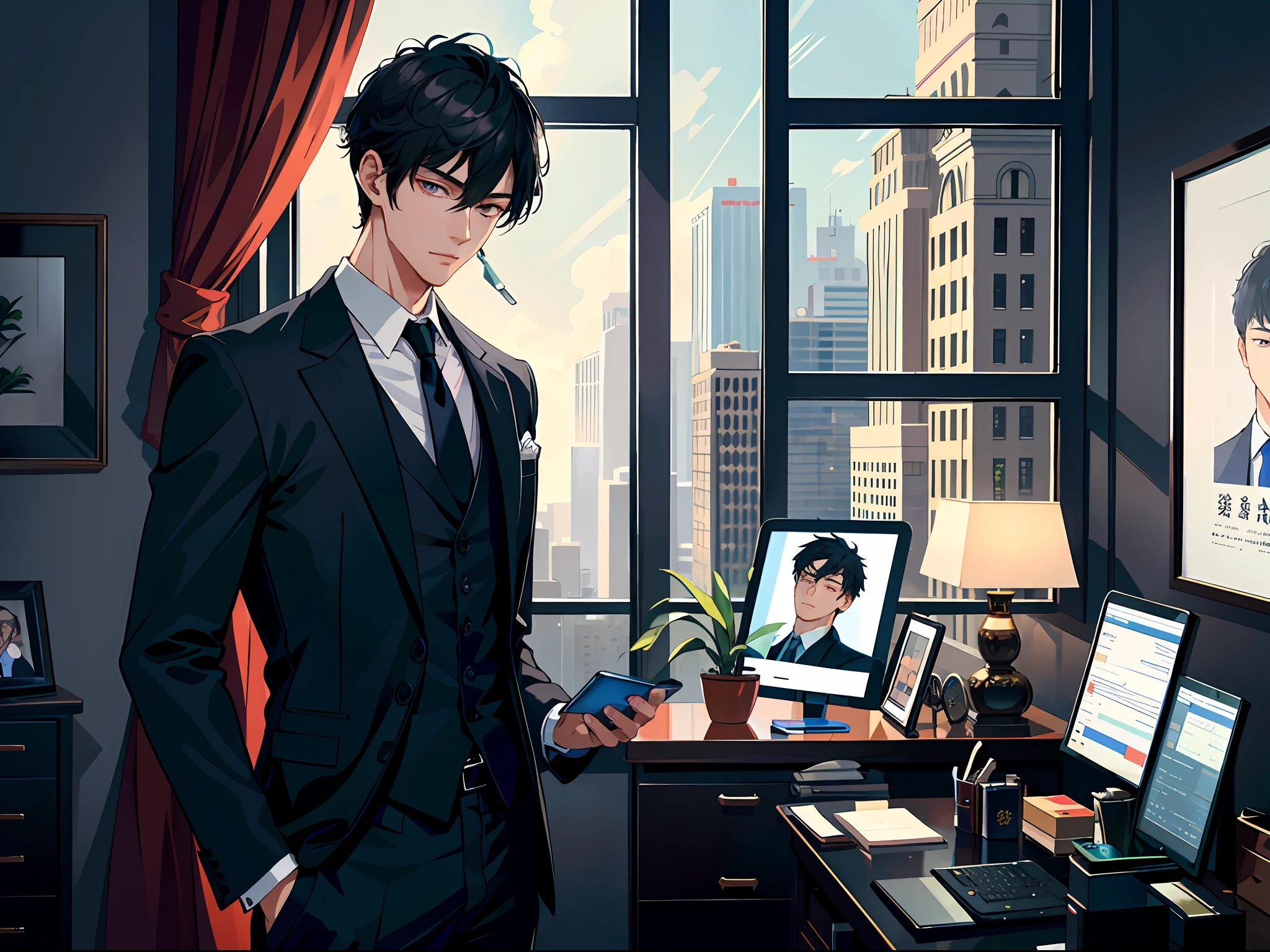 High resolution, highest quality, illustration, super detailed, (detailed face), (detailed eyes), a handsome Chinese young man in a black suit in a luxurious office, standing in front of a floor-to-ceiling window looking out, holding a cell phone in his hand while on a call