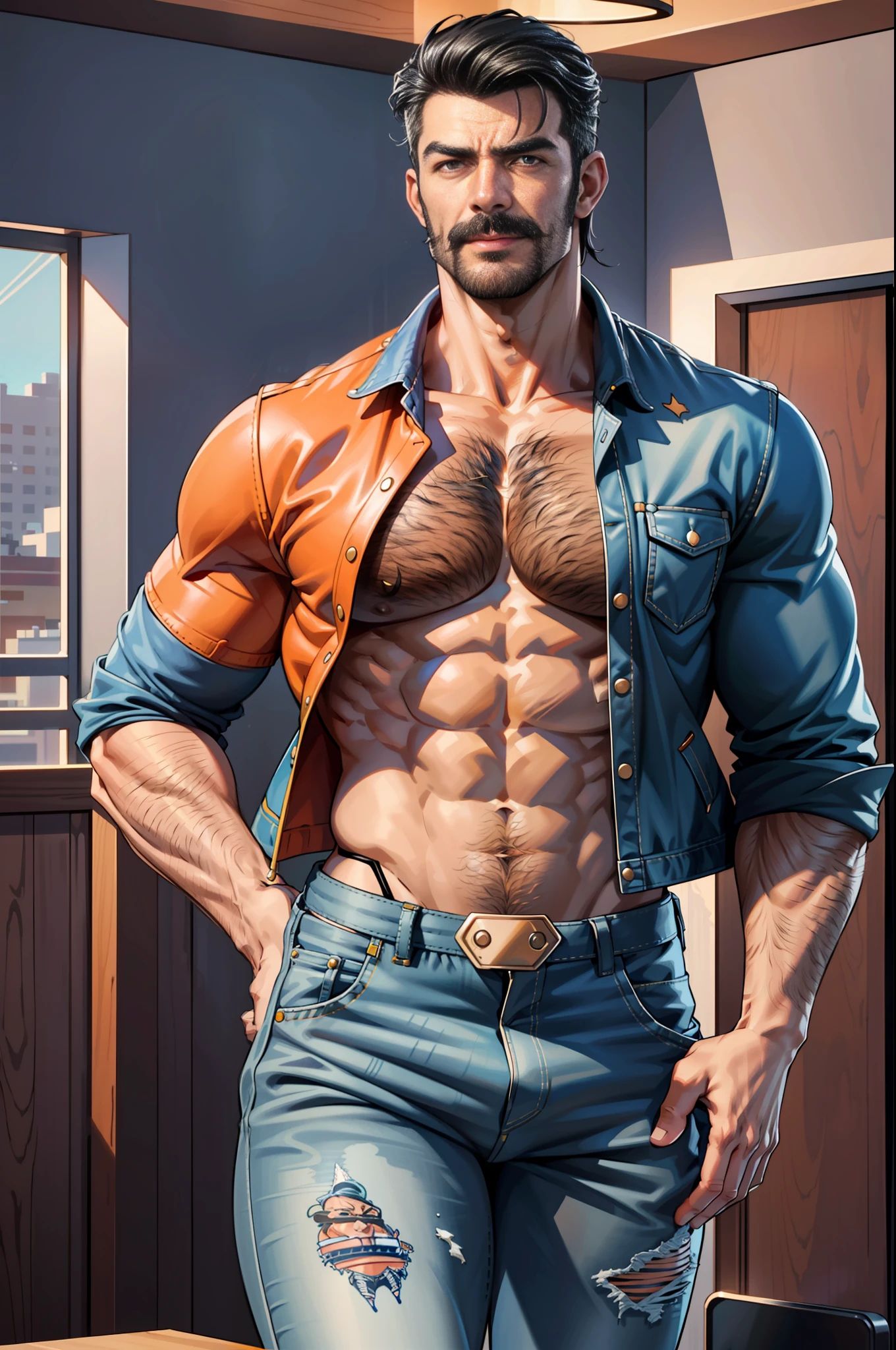 (original-art:1.2),(lineart:1.33), 1male, black hair, 1950s greaser, mature masculine muscular, handsome chisled facial features, muscular hairy body, 70s mustache, unbuttoned ripped white shirt, open shirt, un-zipped jeans, opened pants, pubic hair, huge crotch bulge, sexy, hot, jock, erotic, (hyperdefined),(inked-art), hero-angle, masculine stance, erotica, full body shot, cartoon, indoor, dramatic lighting, sidelighting,complex lighting,(full vibrant colors),hatched-texture,(fine-details:1.2),absurdres,flat-colors,ultradetailed, city street,