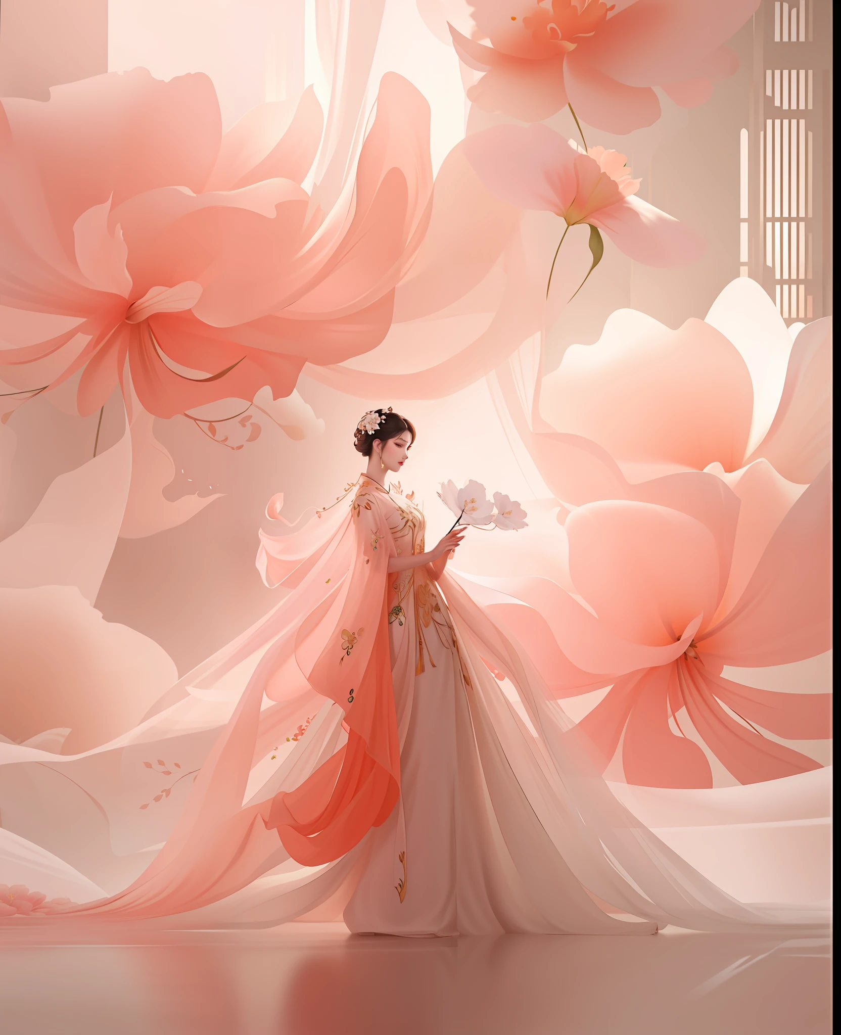 There is a woman in a long dress standing in a room with flowers, delicate facial features, exquisite ink illustrations, elegant ink, fantastic atmosphere and drama, beautiful ink painting artwork, elegant ink painting painting, beautiful digital ink painting, beautiful artwork illustration, lady with glowing flower dress, ethereal beauty, extremely beautiful and ethereal, fantastic art, incredibly ethereal,