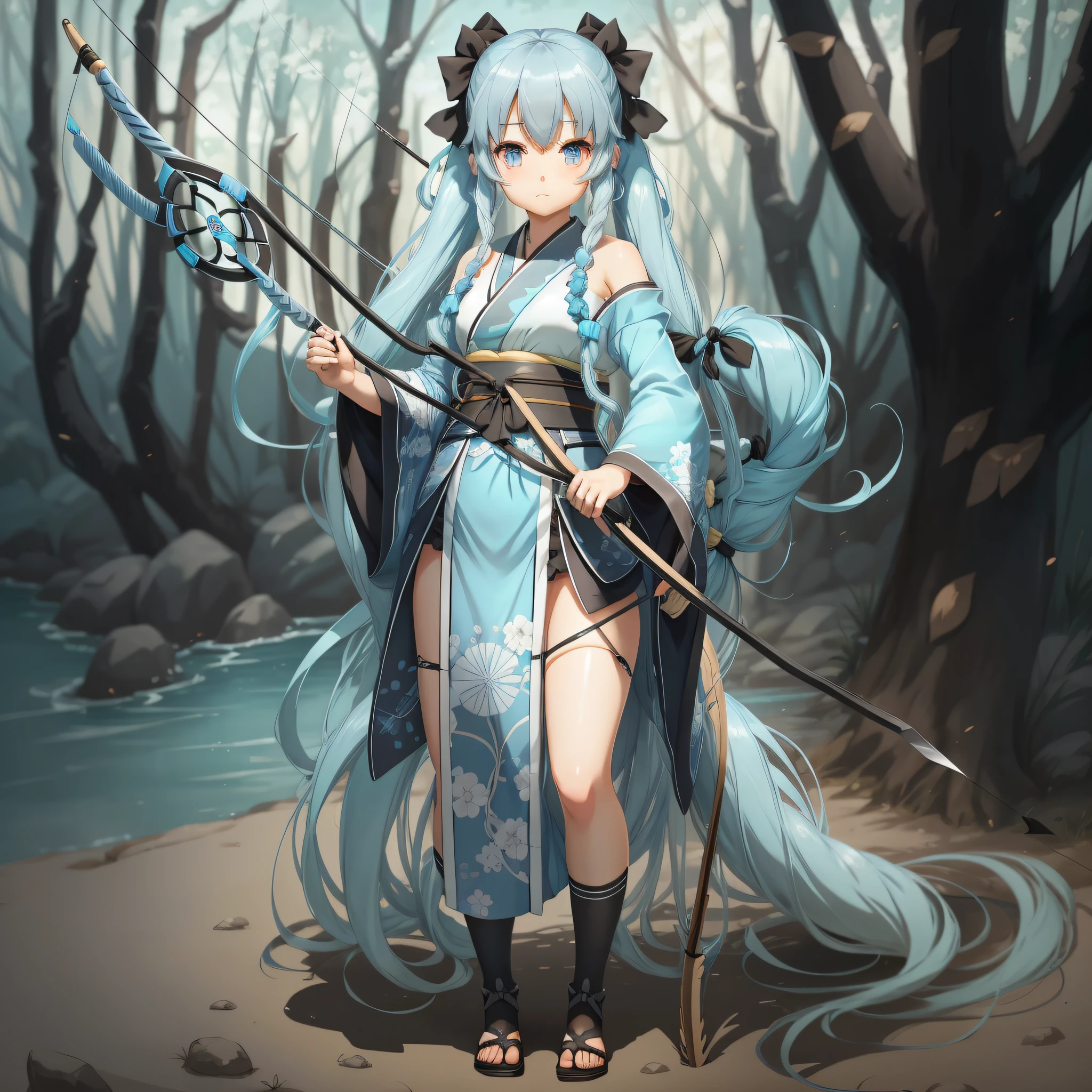 Full body, animation, cute, light blue long hair, twin tails, light blue eyes, expressionless, equipped with black kimono, black tabi socks, black bow and arrow, high quality, female archer --auto --s2