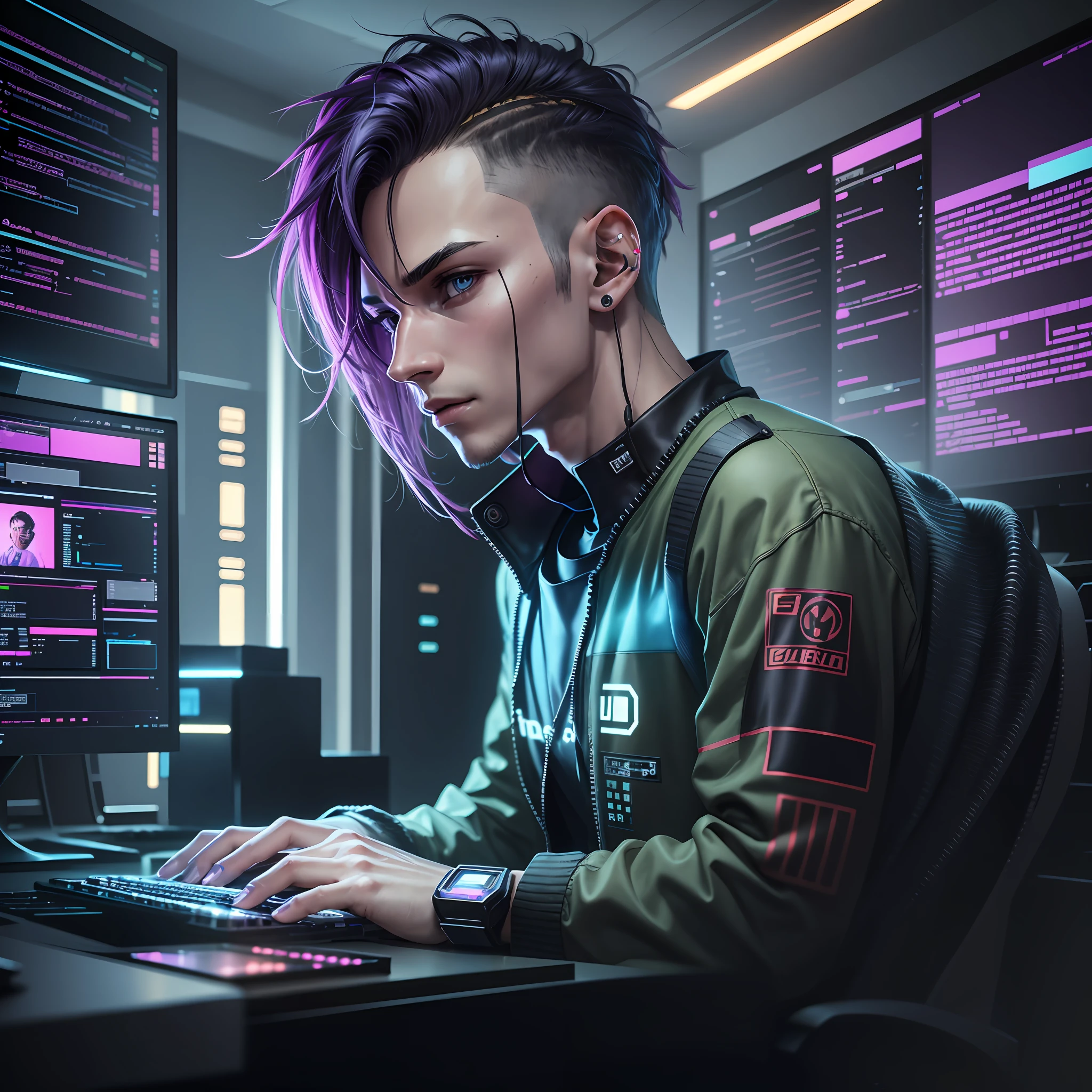 A male programmer who is committed to working on video editing in front of the computer. Cyberpunk style --auto --s2