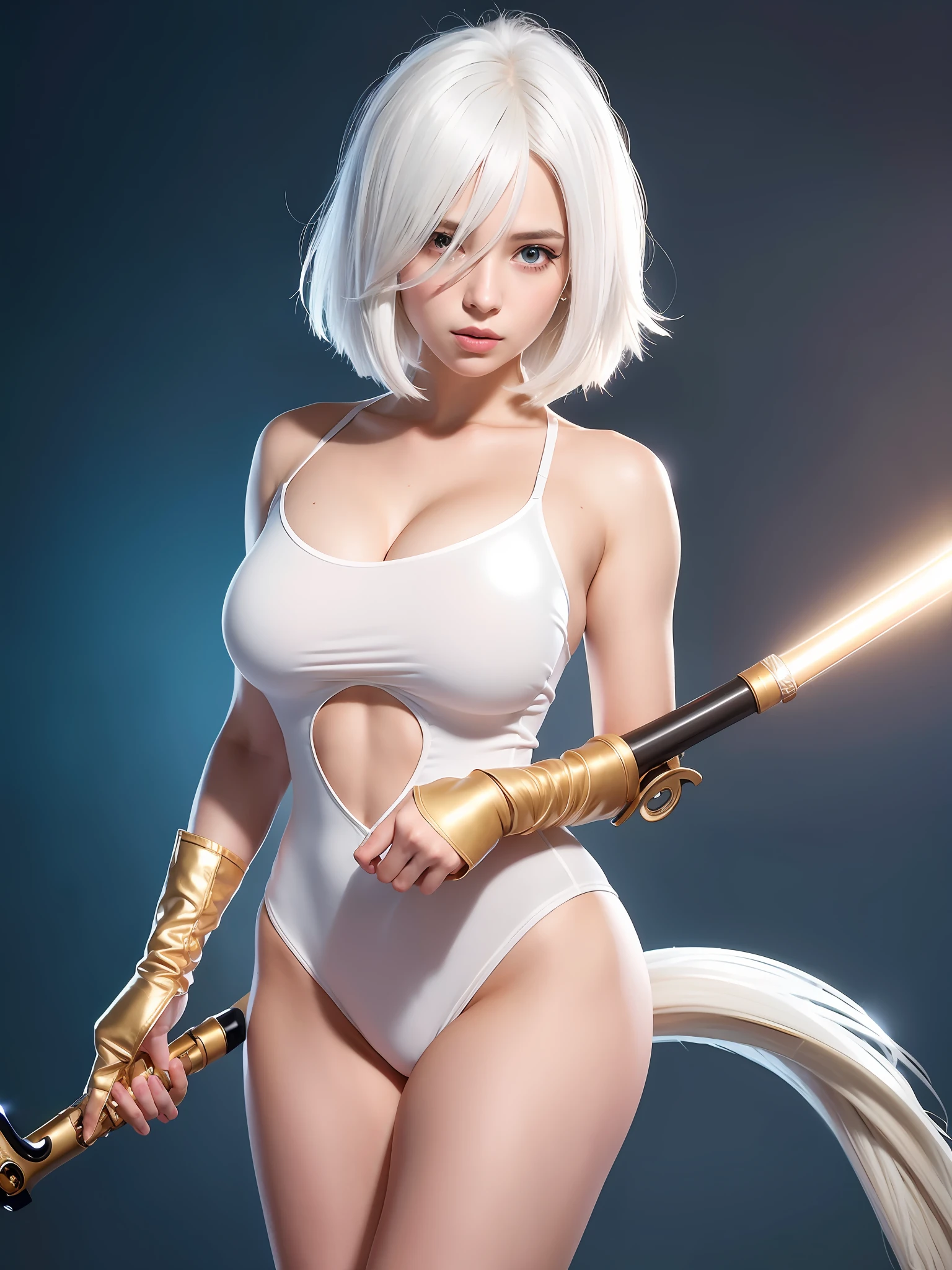 full body, white hair, ((Dragoon:1.2)) ,blunt bang,, masterpiece,best quality,official art,extremely detailed CG unity 8k wallpaper,1girl, ultra high res, (photorealistic:1.4), golden hour lighting, sweater dress,(upper body), (aegyo sal:1), (platinum short hair:0.8), ((puffy eyes)), looking at viewer, facing front, smiling, laughing,medium breasts, shirtlift, gloves,short hair,