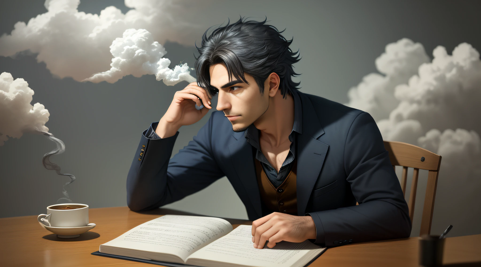 A writer sitting at a table, with his imagination so strong, makes his thoughts leap out of his head, as if they were smoke, and creates an exceptional, standing, anime character, full of rich details typical of literary works. .