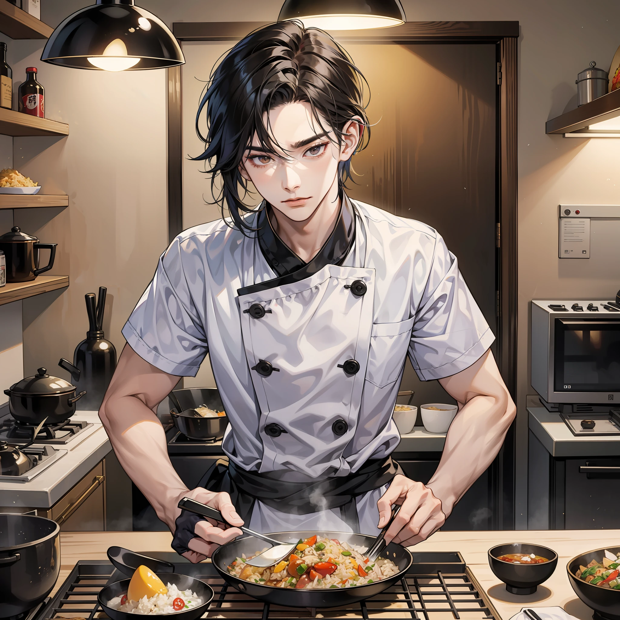 Anime Chef Fried Rice in Restaurant Kitchen, Golden Egg Fried Rice, Show Lots of Food, Best Chef, Cooking Show, Computer Screen, Tanjiro Scythe, Handsome Guy in Demon Killer Art, Chef, Inspired by Bian Shoumin, Cooking, Inspired by Chen Daofu, Inspired by Cao Zhibai, Inspired by Pan Tianshou, Inspired by Wujun Shifan