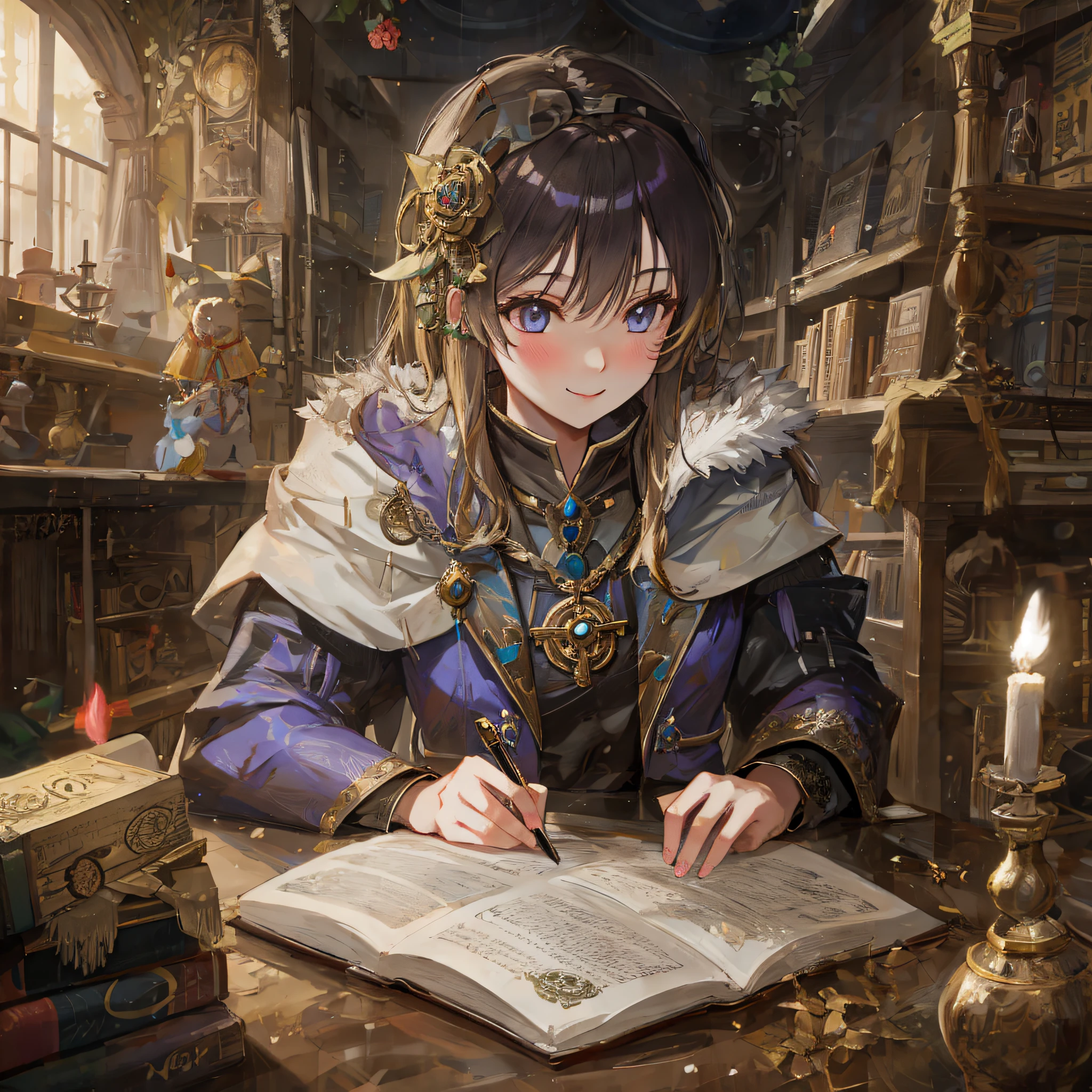 1 girl, NSFW, (fur:1.2), (fluffy:1.1), (Antro:1.2), (Nose:1.2), long hair, big, (blonde hair:1.1), smiling,anime character sitting at table with book and candle, RPG book portrait, alchemist library background, he is in alchemist's laboratory, kashmiri art, mage portrait, role-playing game art, Portrait of Merlin, Portrait of a young fortune teller, Jan J, fortune teller sitting at desk reading, artwork in art book, humanoid figure, wolf (face: 1.2),