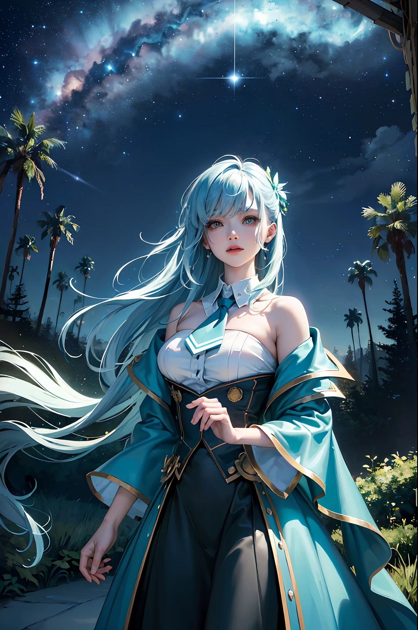 ((surrealism + otherworldliness + hyper-sky scene), 8k, masterpiece, highest quality, full of magic lights, huge crystal tree full body + magic lights perfectly presented, to the highest degree of complex forest details and smooth river surrounding, integrated with the perfect depiction of solar punk, landscape, beautiful green leaves and realistic proportions, just like a real movie background. Clouds and starlight interspersed in the sky, the picture is more dreamy and beautiful. )
