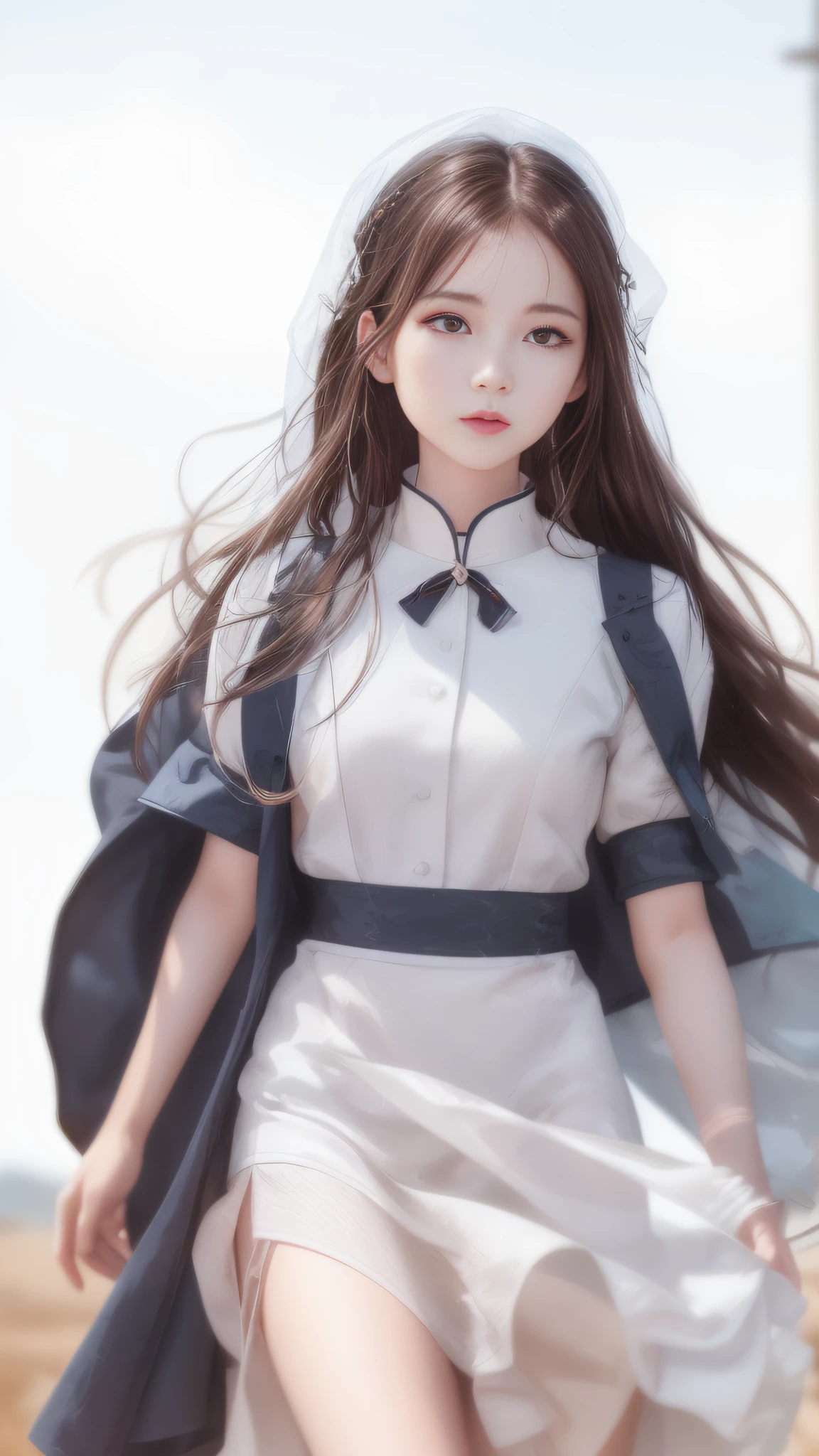 there is a woman in a white dress and blue jacket, trending on cgstation, realistic anime 3 d style, photorealistic anime girl render, smooth anime cg art, artgerm and atey ghailan, artwork in the style of guweiz, realistic young anime girl, render of april, anime girl with long hair, guweiz
