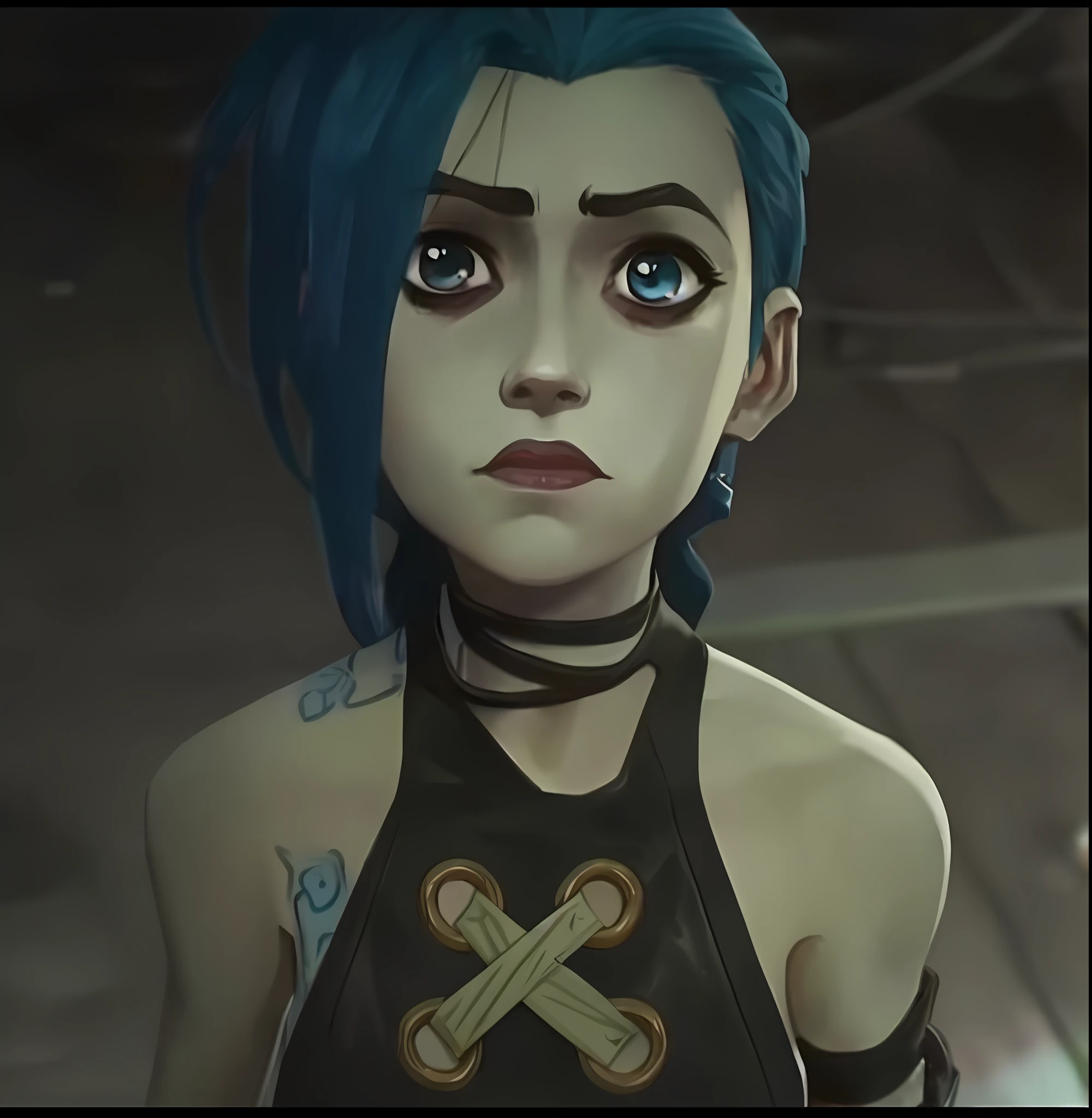 Jinx with black leather jacket with a blue leather collar