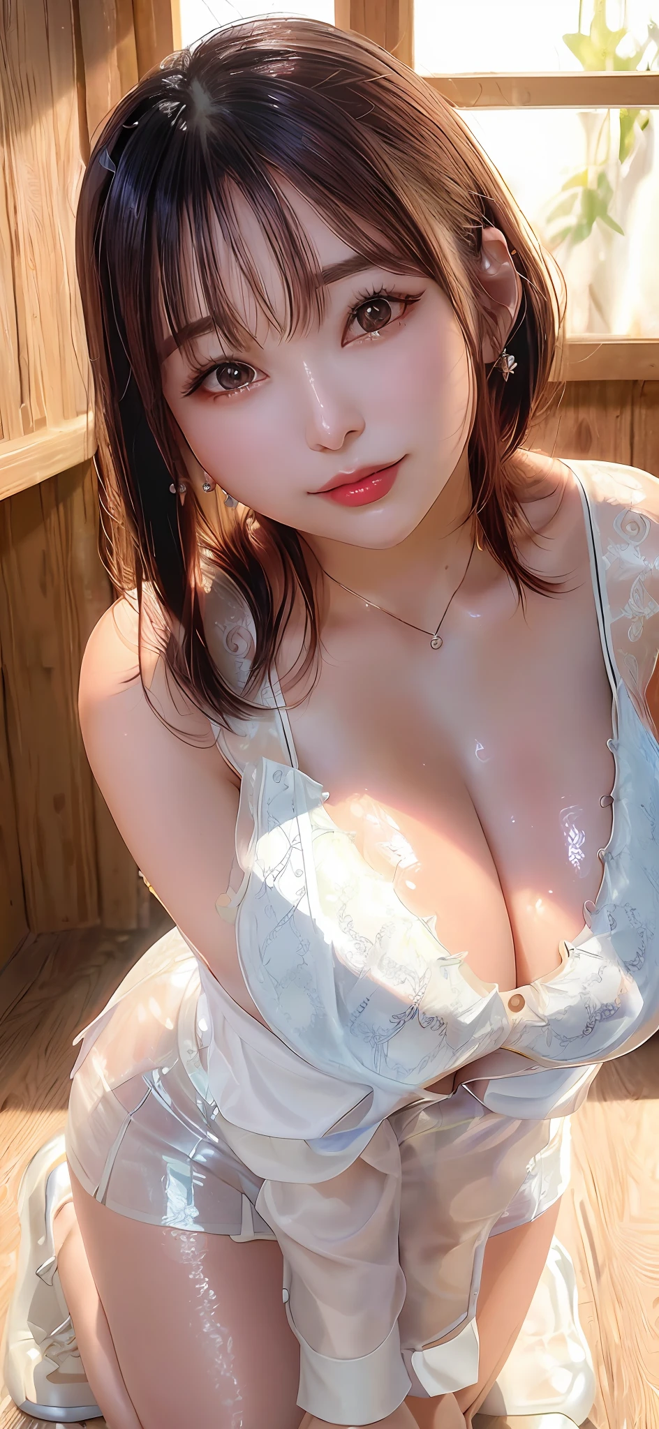 Woman half-kneeling in the water v6, bent over, hands on the ground, mature, milk flowing on her legs, white transparent cheongsam, exquisite decoration, necklace, earrings, full body v6, short white hair, pronounced cleavage, translucent clothes, patterns on clothes, open-chested outfit, split openwork miniskirt, visible, superlative, ultra high-definition, RAW photo, realism: 1.25), (bright lip gloss, long eyelashes, smooth face, glossy skin, natural shadow, wide light, wide light, depth of field, intense color, subtle caustics: 0.8), smile, (big), v6