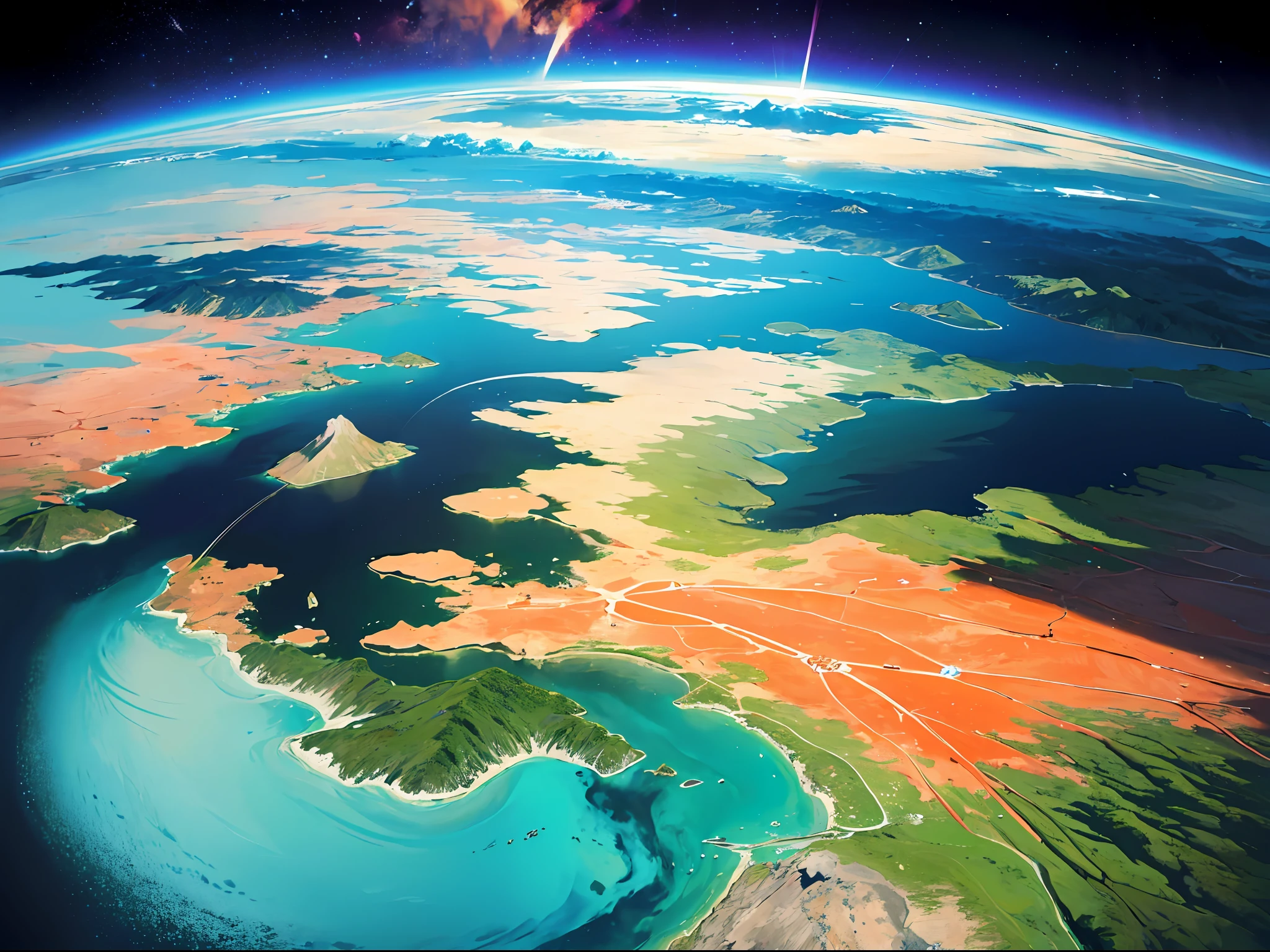 (best quality, high resolution) planet earth, satellite view, majestic and breathtaking, floating in space, beautiful and spectacular natural landmarks, gorgeous colors, stunning landscapes, crystal clear oceans, magnificent mountain ranges, sprawling cities, and shining lights.
