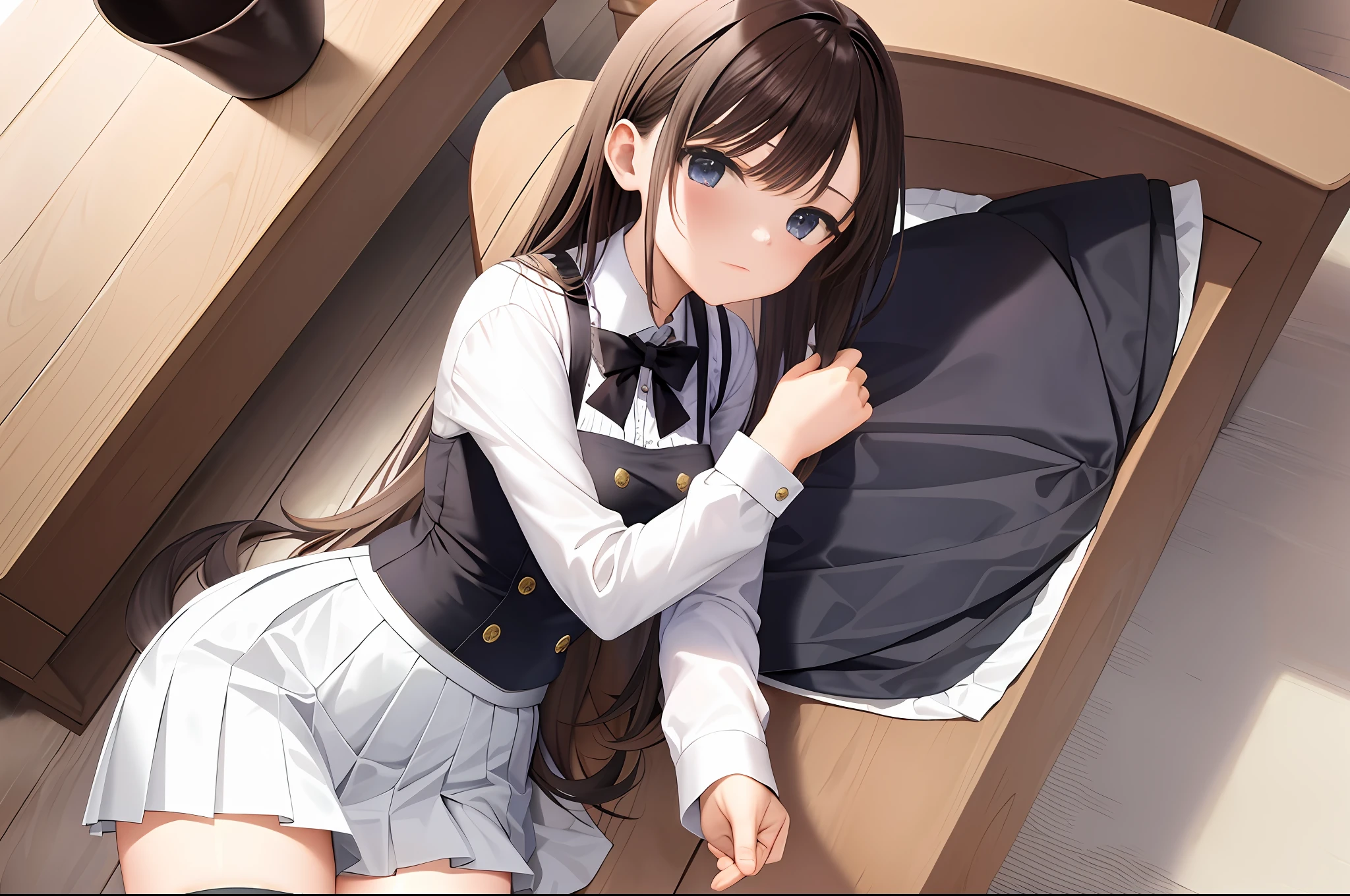 (masterpiece, top quality)detail, very beautiful woman, small breasts, slim body,pleated skirt