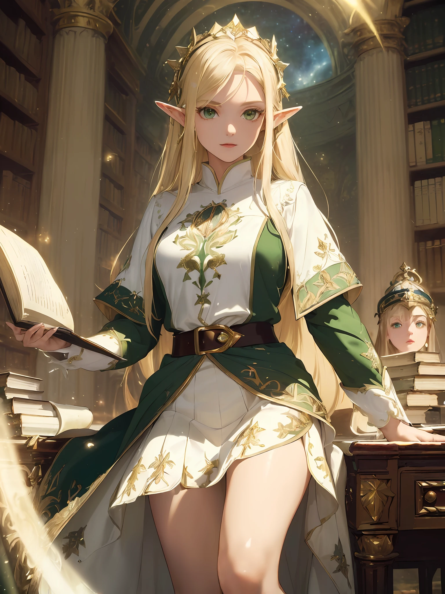 (((Masterpiece, highest quality, high definition, high detail))), one, ((((fantasy)))), (elf woman)))), (short skirt of white with gold embroidery), (blonde long straight hair), (glossy dark green eyes), (green surcoat embroidered with gold), big, (National Library of the royal capital)), (A large space with a lot of books)), reading at a desk , Particles of light flying