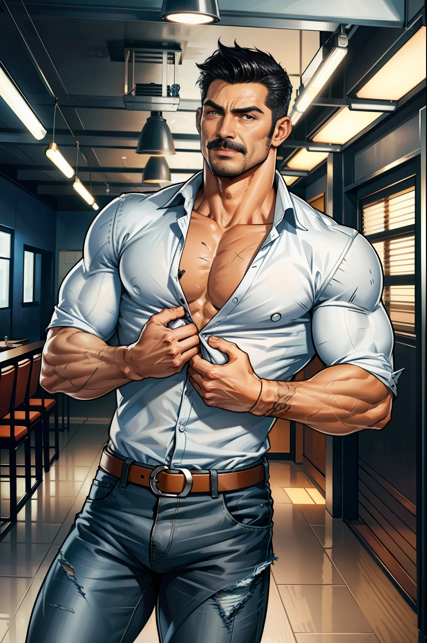 (original-art:1.2),(lineart:1.33), 1male, black hair, 1950s greaser, mature masculine muscular, handsome chisled facial features, muscular hairy body, 70s mustache, unbuttoned ripped white shirt, open shirt, un-zipped jeans, opened pants, pubic hair, huge crotch bulge, sexy, hot, jock, erotic, (hyperdefined),(inked-art), hero-angle, masculine stance, erotica, full body shot, cartoon, indoor, dramatic lighting, sidelighting,complex lighting,(full vibrant colors),hatched-texture,(fine-details:1.2),absurdres,flat-colors,ultradetailed, city street,