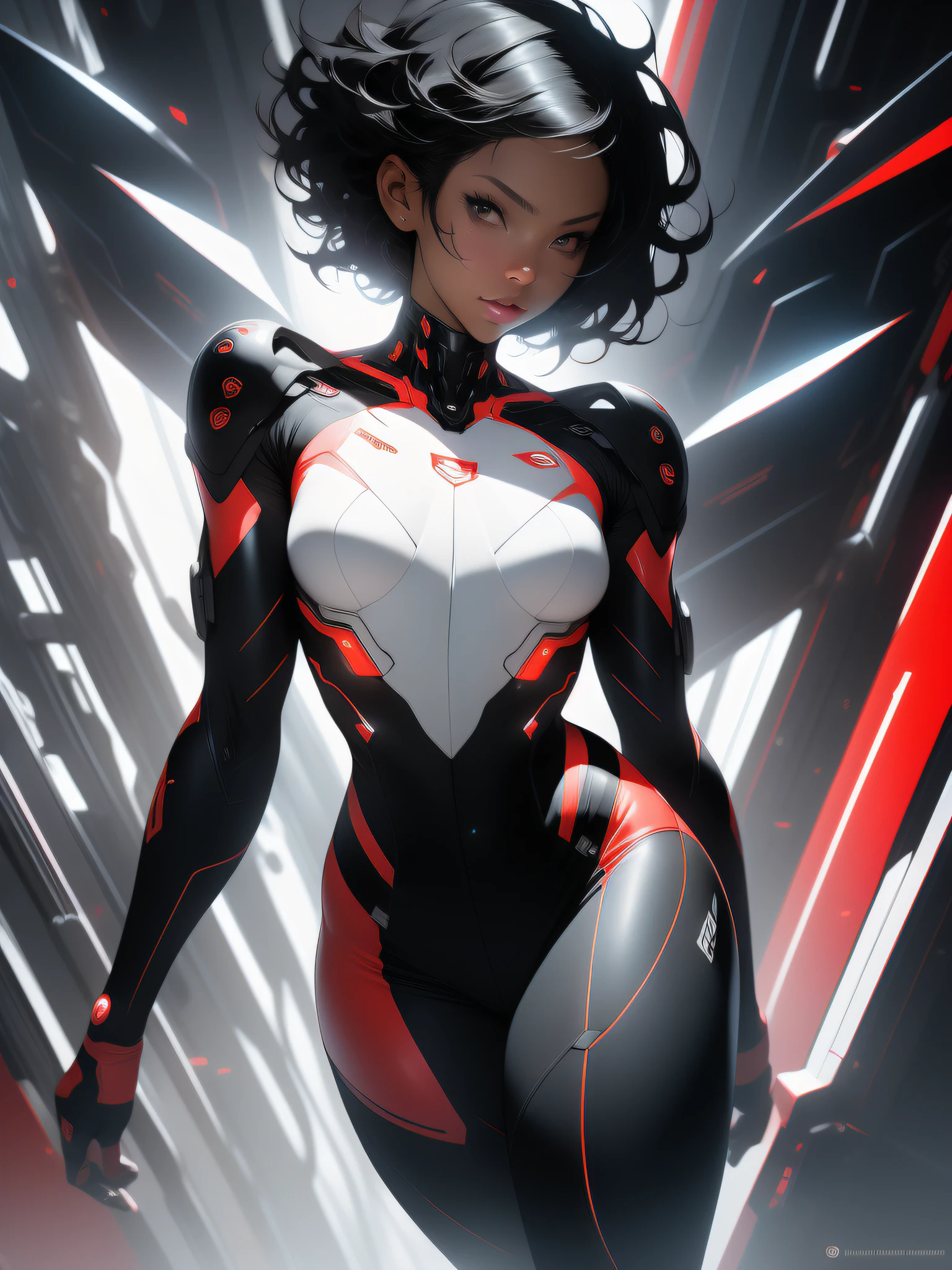 ((Best quality)), ((masterpiece)), (detailed: 1.4), (Absurd), Fighter pilot black woman afro ready for war, dark skin, flash dc comics, lightning and lightning, sculptural body defined muscle, (((full body)))), half thick naked thighs, closed mouth, muscular body covered by technological clothing, Neon Genesis Evangelion style, cyberpunk, generous neckline, ((perfect medium breasts)), (black eyes without pupils), ((totally red clothes white rays)), (((short straight black hair)))), long eyelashes and black heavy makeup, garter belt, by mucha, niji --V5, close to real, psychopath, crazy face, sexy pose, red and white background, 2 pieces clothing, pastel, centered, scale to fit dimensions, HDR (High Dynamic Range),Ray Tracing,NVIDIA RTX,Super-Resolution,Unreal 5,Subsurface dispersion, PBR Texture, Post-processing, Anisotropic filtering, Depth of field, Maximum clarity and sharpness, Multilayer textures, Albedo and specular maps, Surface shading, Accurate simulation of light-material interaction, Perfect proportions, Octane Render, Two-tone lighting, Wide aperture, Low ISO, White balance, Rule of thirds, 8K RAW, crysisnanosuit