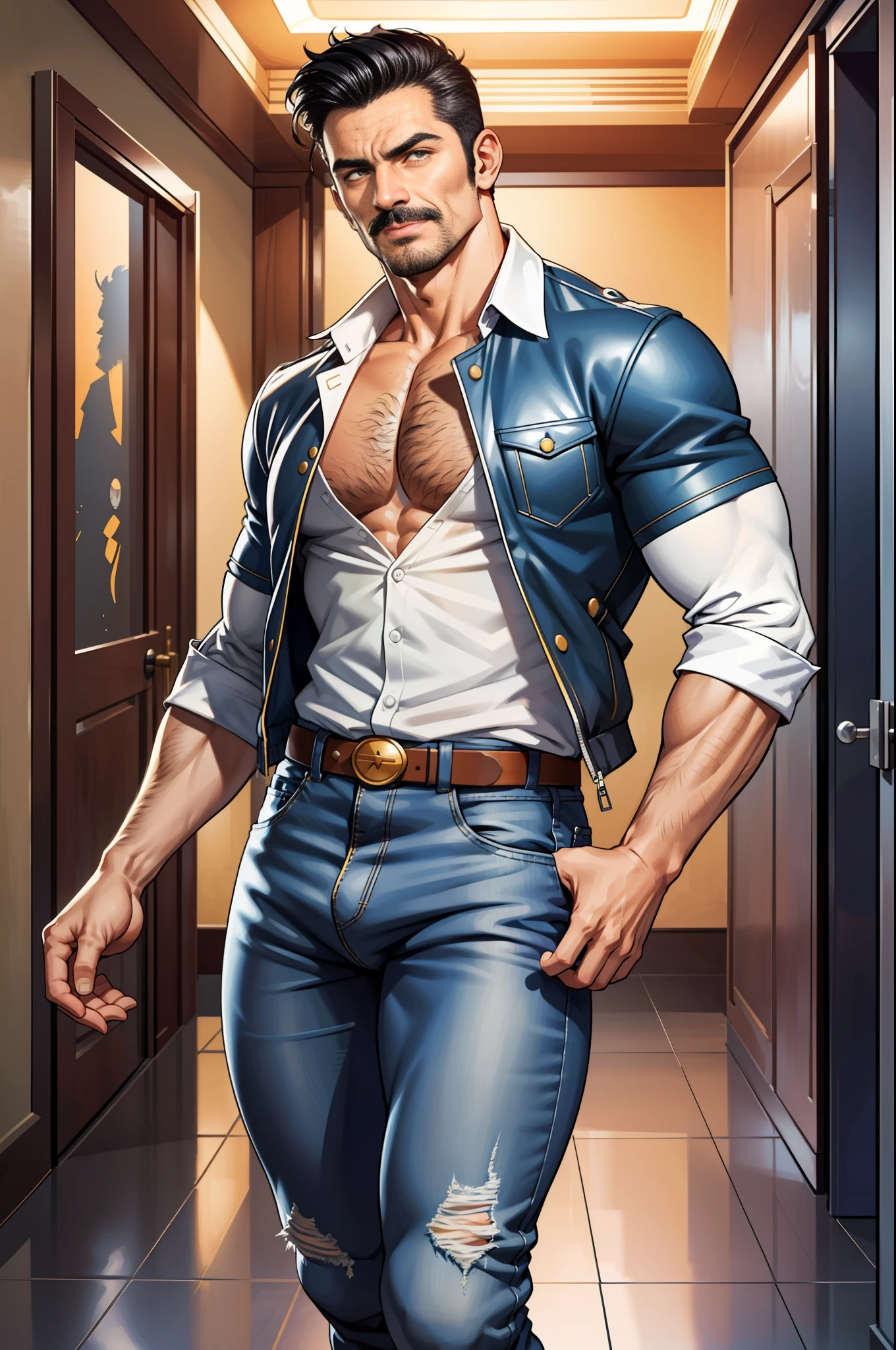 (original-art:1.2),(lineart:1.33), 1male, black hair, 1950s greaser, mature masculine muscular, handsome chisled facial features, muscular hairy body, 70s mustache, unbuttoned ripped white shirt, open shirt, un-zipped jeans, opened pants, pubic hair, huge crotch bulge, sexy, hot, jock, erotic, (hyperdefined),(inked-art), hero-angle, masculine stance, erotica, full body shot, cartoon, indoor, dramatic lighting, sidelighting,complex lighting,(full vibrant colors),hatched-texture,(fine-details:1.2),absurdres,flat-colors,ultradetailed, city street,