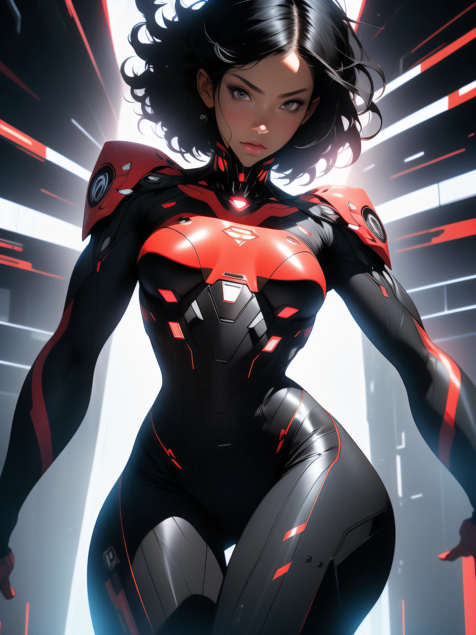 ((Best quality)), ((masterpiece)), (detailed: 1.4), (Absurd), Fighter pilot black woman afro ready for war, dark skin, flash dc comics, lightning and lightning, sculptural body defined muscle, (((full body)))), half thick naked thighs, closed mouth, muscular body covered by technological clothing, Neon Genesis Evangelion style, cyberpunk, generous neckline, ((perfect medium breasts)), (black eyes without pupils),  ((totally red clothes white rays)), (((short straight black hair)))), long eyelashes and black heavy makeup, garter belt, by mucha, niji --V5, close to real, psychopath, crazy face, sexy pose, red and white background, 2 pieces clothing, pastel, centered, scale to fit dimensions, HDR (High Dynamic Range),Ray Tracing,NVIDIA RTX,Super-Resolution,Unreal 5,Subsurface dispersion,  PBR Texture, Post-processing, Anisotropic filtering, Depth of field, Maximum clarity and sharpness, Multilayer textures, Albedo and specular maps, Surface shading, Accurate simulation of light-material interaction, Perfect proportions, Octane Render, Two-tone lighting, Wide aperture, Low ISO, White balance, Rule of thirds, 8K RAW, crysisnanosuit