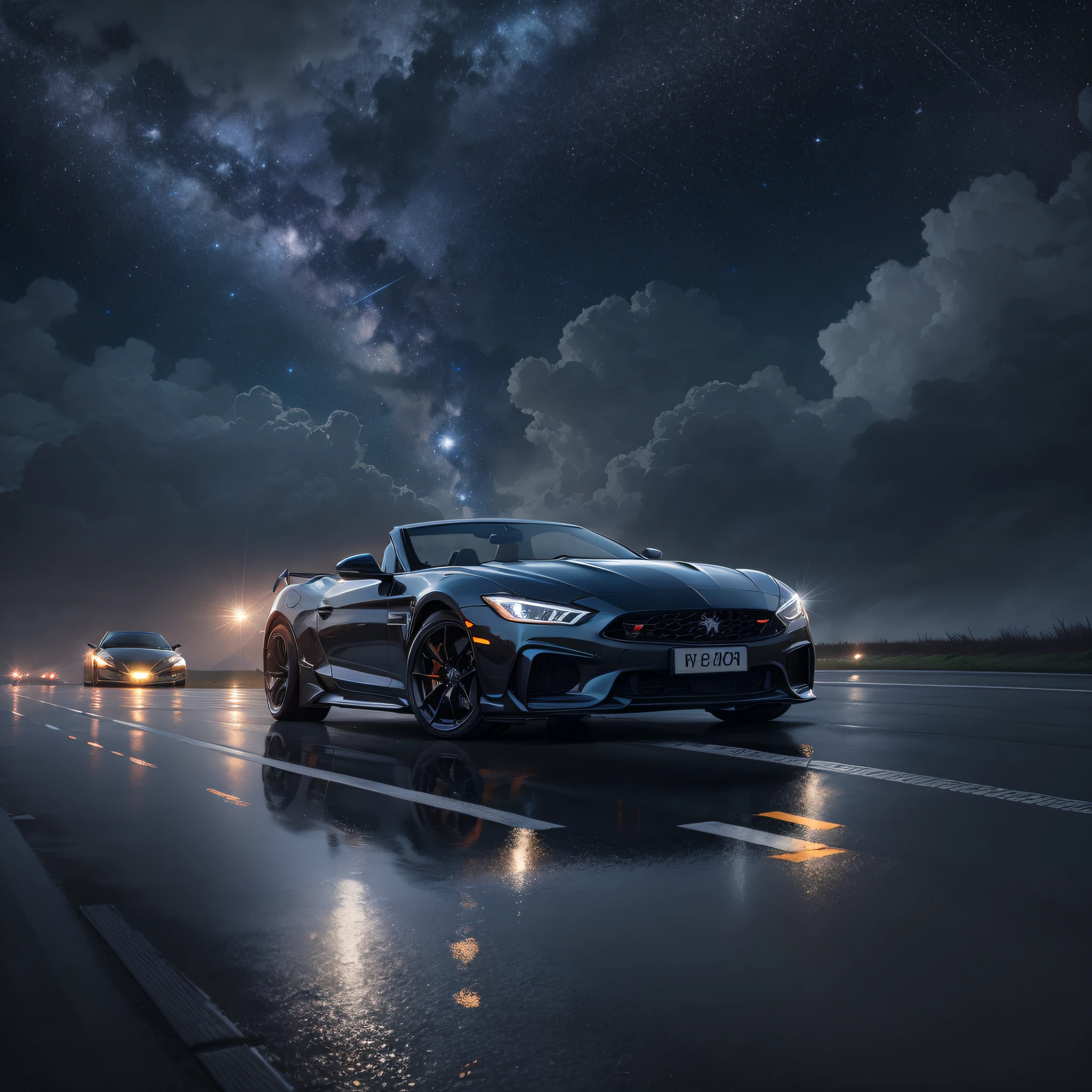 Detailed morning sky, sports car driving on rainy highway, no one, official art, best quality, body streamer, body reflective starry sky, obvious reflection, starry picture, starlight body, dreamy, black translucent