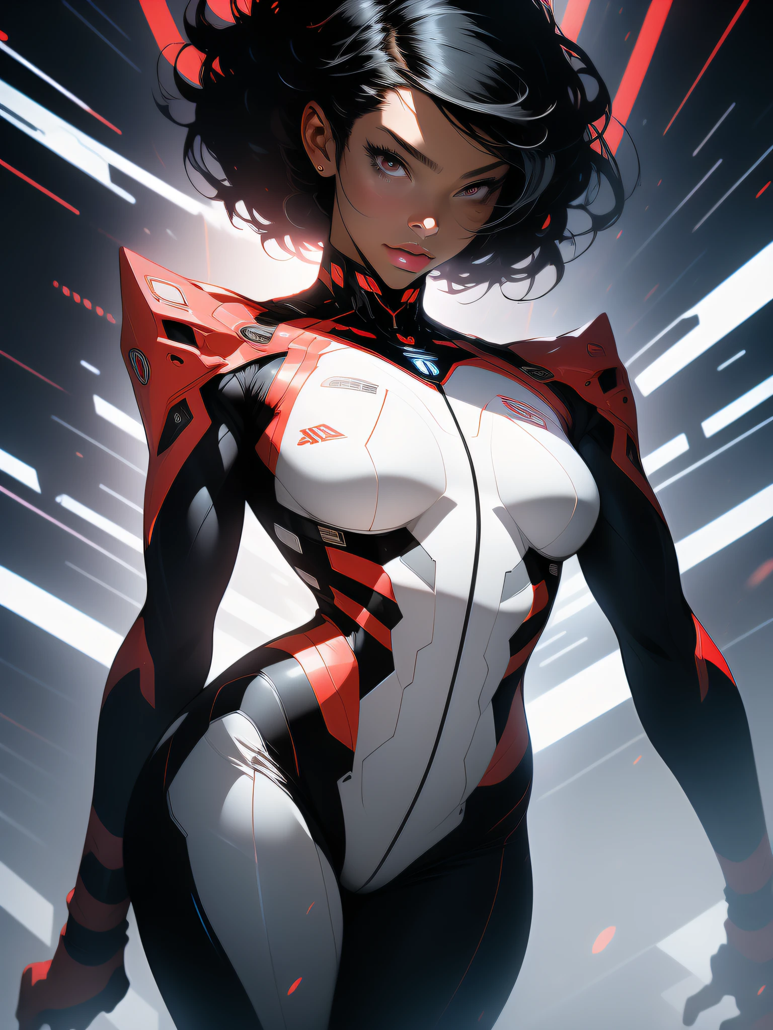 ((Best quality)), ((masterpiece)), (detailed: 1.4), (Absurd), Fighter pilot black woman afro ready for war, dark skin, flash dc comics, lightning and lightning, sculptural body defined muscle, (((full body)))), half thick naked thighs, closed mouth, muscular body covered by technological clothing, Neon Genesis Evangelion style, cyberpunk, generous neckline, ((perfect medium breasts)), (black eyes without pupils), ((totally red clothes white rays)), (((short straight black hair)))), long eyelashes and black heavy makeup, garter belt, by mucha, niji --V5, close to real, psychopath, crazy face, sexy pose, red and white background, 2 pieces clothing, pastel, centered, scale to fit dimensions, HDR (High Dynamic Range),Ray Tracing,NVIDIA RTX,Super-Resolution,Unreal 5,Subsurface dispersion, PBR Texture, Post-processing, Anisotropic filtering, Depth of field, Maximum clarity and sharpness, Multilayer textures, Albedo and specular maps, Surface shading, Accurate simulation of light-material interaction, Perfect proportions, Octane Render, Two-tone lighting, Wide aperture, Low ISO, White balance, Rule of thirds, 8K RAW, crysisnanosuit
