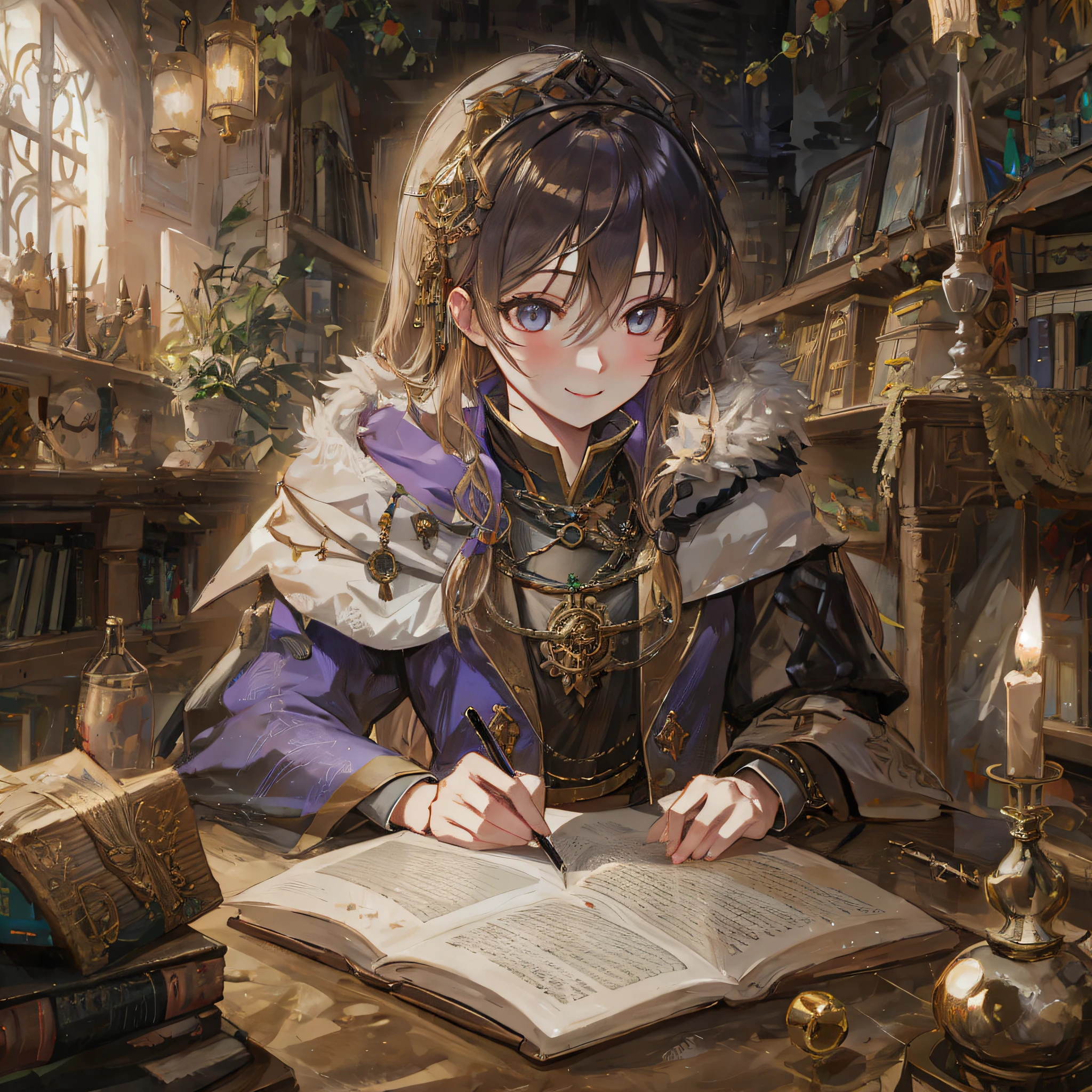 1 girl, NSFW, (fur:1.2), (fluffy:1.1), (Antro:1.2), (Nose:1.2), long hair, big, (blonde hair:1.1), smiling,anime character sitting at table with book and candle, RPG book portrait, alchemist library background, he is in alchemist's laboratory, kashmiri art, mage portrait, role-playing game art, Portrait of Merlin, portrait of young fortune teller, Yang J, fortune teller sitting at desk reading, art book artwork, humanoid type, wolf (face: 1.2), green clothes