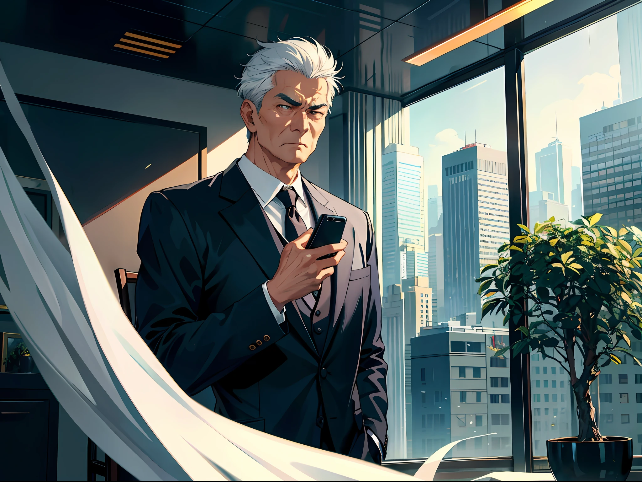 High resolution, highest quality, illustrations, super detailed, (detailed face), (detailed eyes), a handsome and mature Chinese middle-aged uncle in a black suit in a luxurious office, white hair, standing in front of the floor-to-ceiling window looking out, serious expression, frowning, holding a mobile phone in the middle of a call