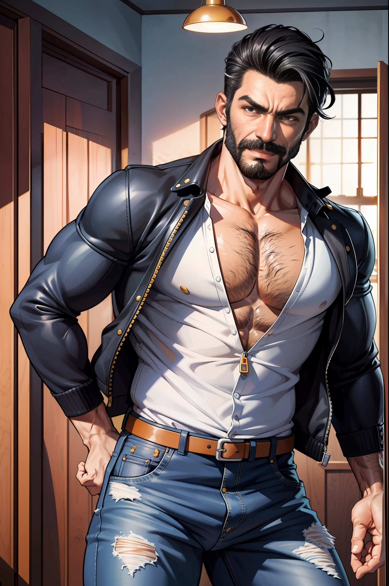 (original-art:1.2),(lineart:1.33), 1male, black hair, 1950s greaser, mature masculine muscular, handsome chisled facial features, muscular hairy body, 70s mustache, unbuttoned ripped white shirt, open shirt, un-zipped jeans, opened pants, pubic hair, huge crotch bulge, sexy, hot, jock, erotic, (hyperdefined),(inked-art), hero-angle, masculine stance, erotica, full body shot, cartoon, indoor, dramatic lighting, sidelighting,complex lighting,(full vibrant colors),hatched-texture,(fine-details:1.2),absurdres,flat-colors,ultradetailed, city street,