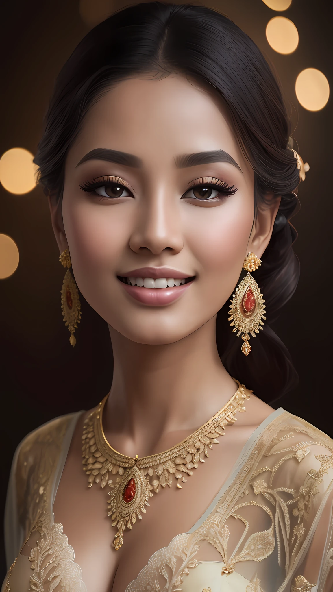 best quality, masterpiece, highres, 1girl, transparent silk lace javanese kebaya, silk robe, medium hair, smile, closed mouth,lips, long dress, necklace, jewelry, javanese clothes, make-up, earrings, detailed beautiful round eyes,Indonesia women, Beautiful face,upon_body, tyndall effect,photorealistic, rim lighting, two tone lighting,(high detailed skin:1.2), 8k uhd, dslr, soft lighting, high quality, volumetric lighting, candid, Photograph, high resolution, 4k, 8k, Bokeh, in home, leaf falling , spring, (gigantic breasts:1.3), black bra