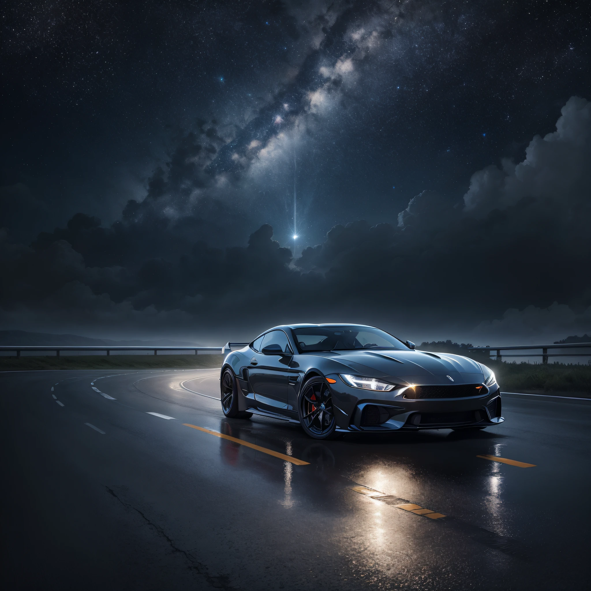 Detailed morning sky, sports car driving on rainy highway, no one, official art, best quality, body streamer, body reflective starry sky, obvious reflection, starry picture, starlight body, dreamy, black translucent