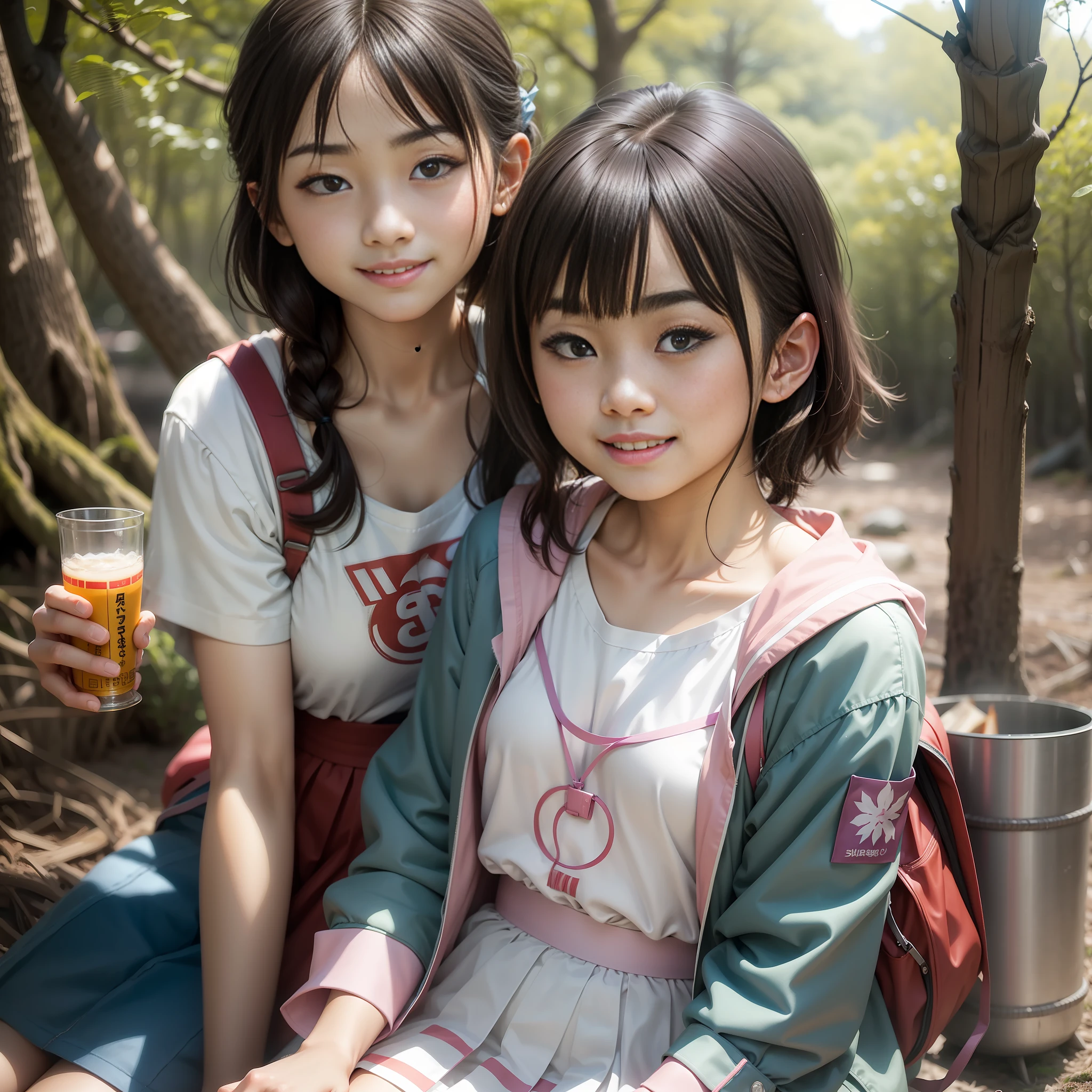 Shiori Teshiroki, age portrait of Japan, Harumi, Kimi Takemura, slim body, camping, making bonfire, smiling, cute two girls