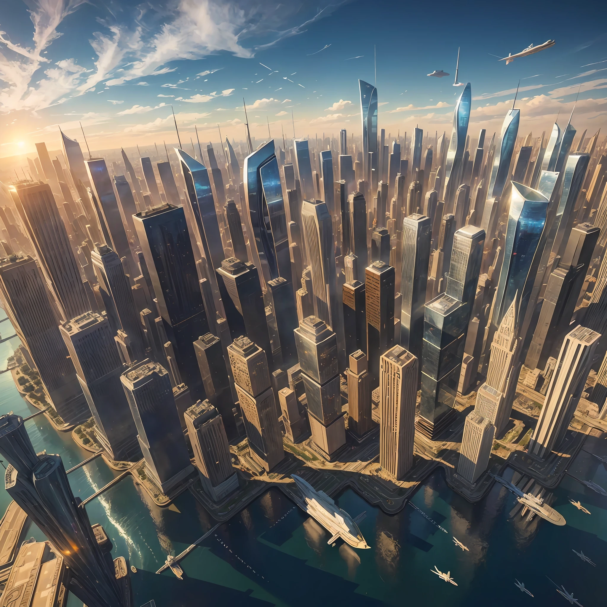 (masterpiece, best quality), highly-detailed, satellite view of a futuristic cityscape under a bright sun, with soaring skyscrapers and bustling transportation hubs.