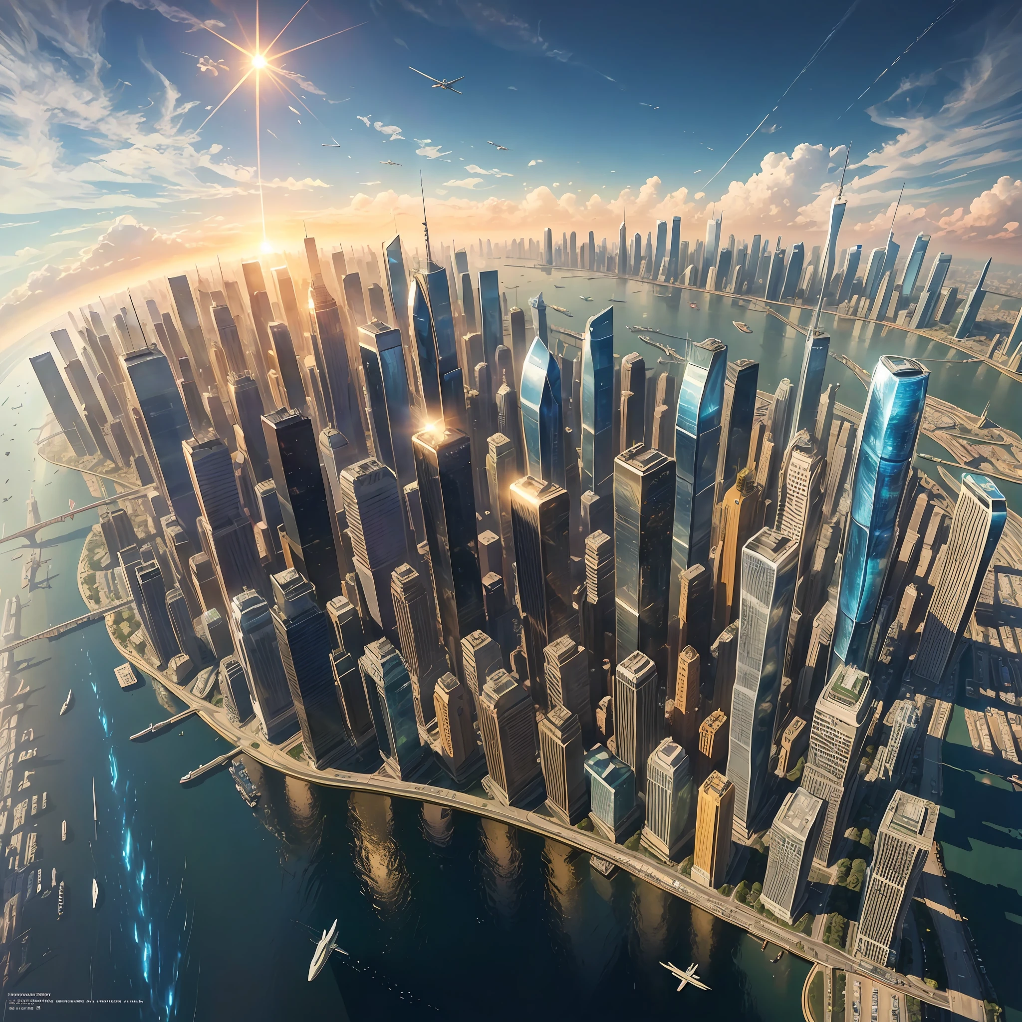 (masterpiece, best quality), highly-detailed, satellite view of a futuristic cityscape under a bright sun, with soaring skyscrapers and bustling transportation hubs.