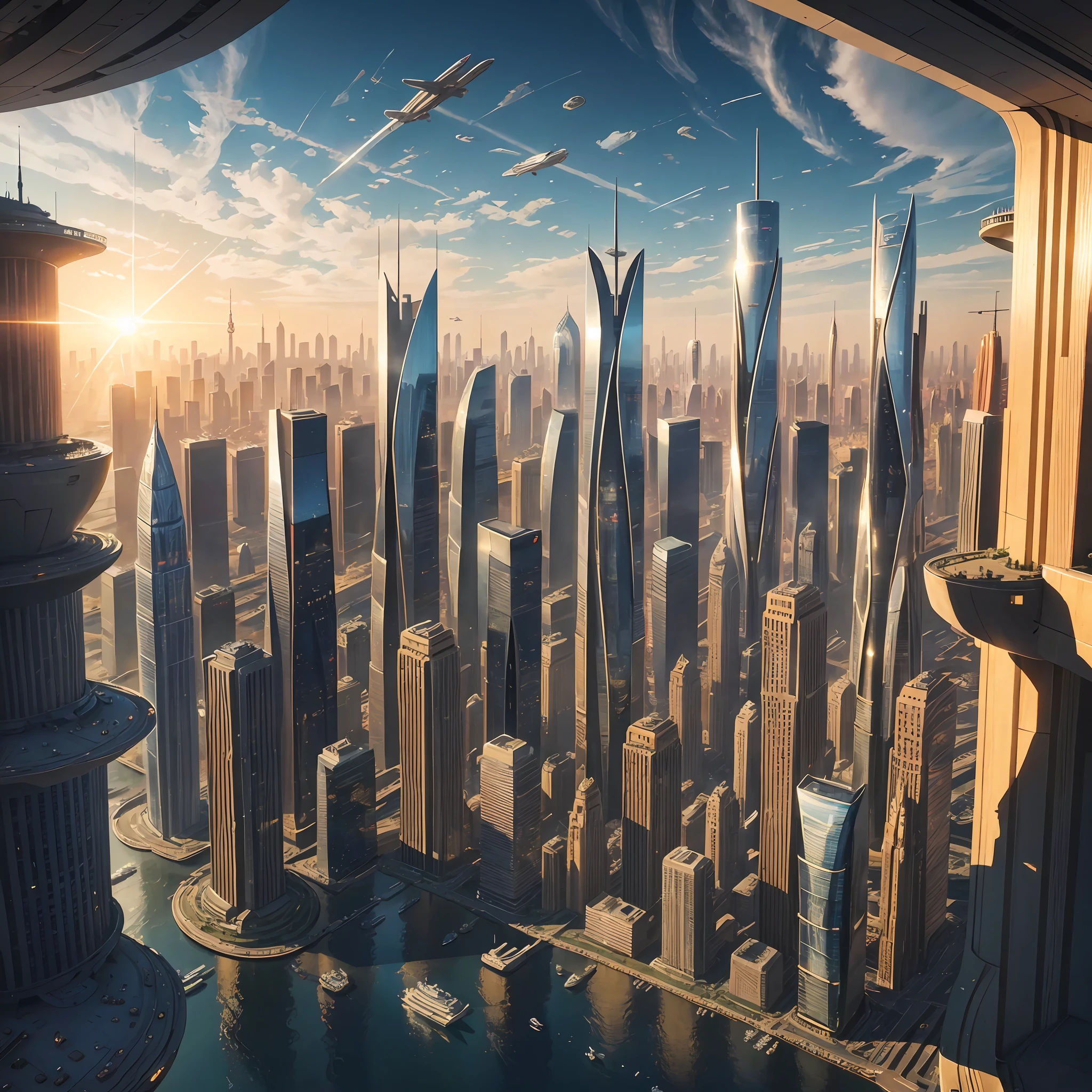 (masterpiece, best quality), highly-detailed, satellite view of a futuristic cityscape under a bright sun, with soaring skyscrapers and bustling transportation hubs.