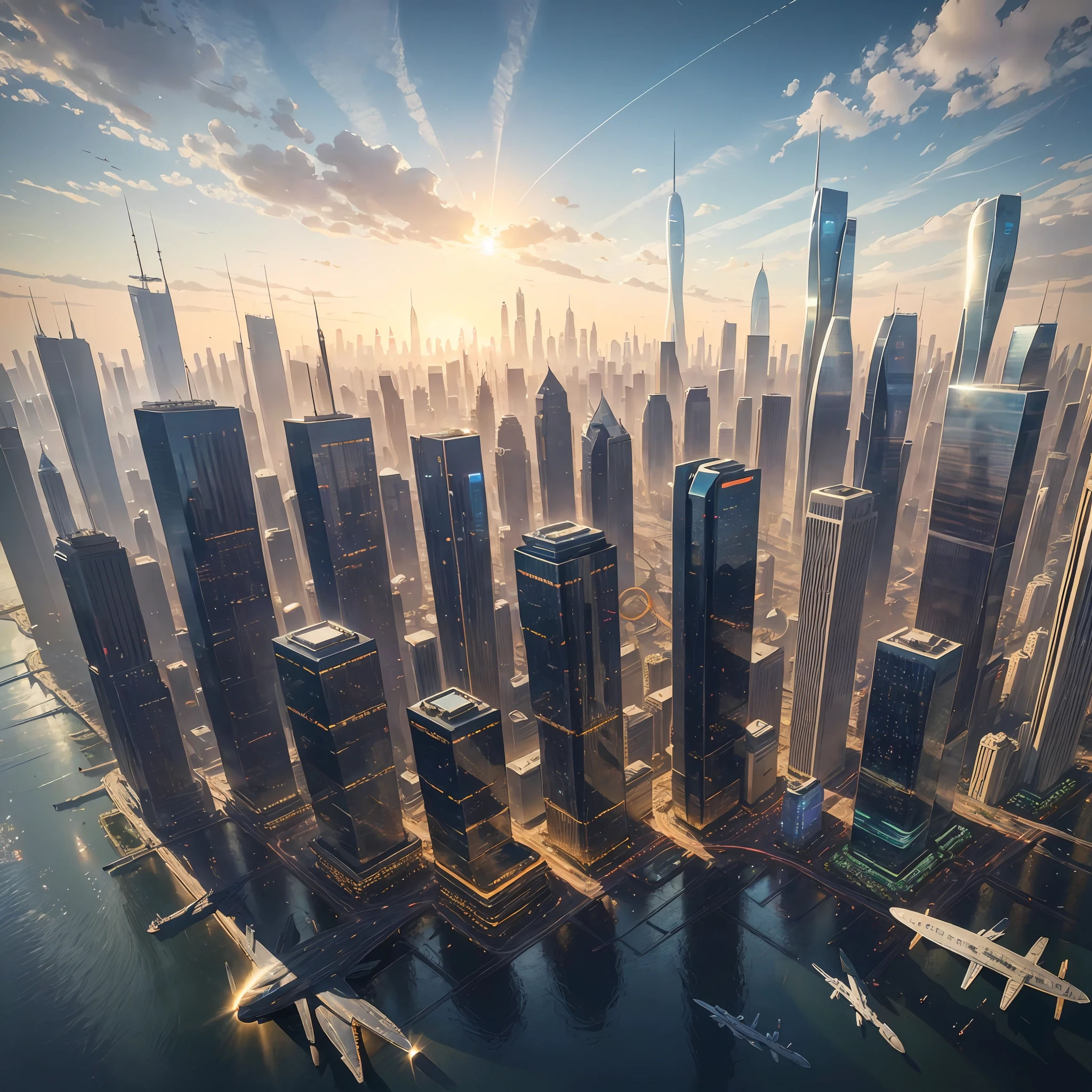 (masterpiece, best quality), highly-detailed, satellite view of a futuristic cityscape under a bright sun, with soaring skyscrapers and bustling transportation hubs.