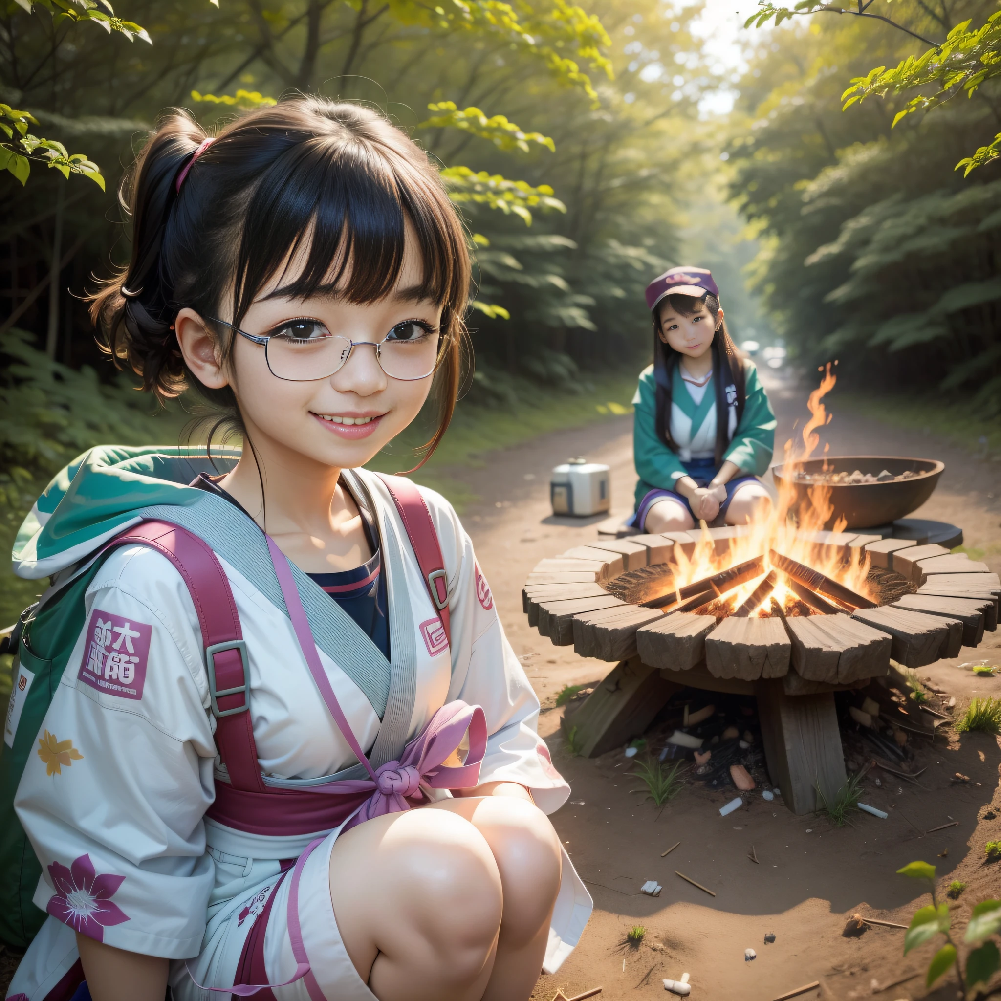 Shiori Teshiroki, teenage portrait of Japan, Harumi, Kimi Takemura, slim body, camping, making bonfire, smiling, cute two girls