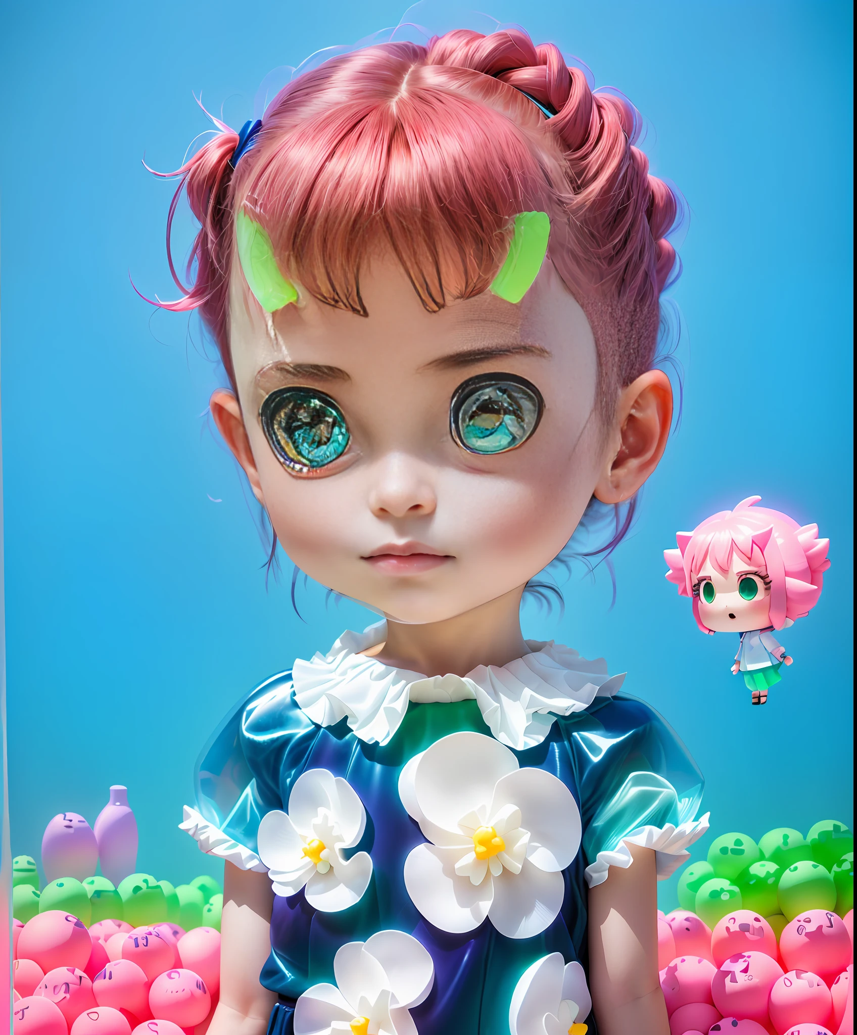 3D toy , exaggerated hair, 3d hair, good-looking eyes, big pink and green gradient eyes, pop mart, (((multiple views of the same character))), (full Buddy), chibi, fluorescent translucent, luminescence, kawaii, bauhaus, colorful, plastic, transparent, product design, luminous jelly, delicate and cute plastic mechanical parts, dazzling lights, 3d, digital art, translucent plastic bubblegum, close-up, 3d, super detailed, generate three views i.e. front view, Side and Back View, No Borders, C4D, Octane Renderer, Blender, HD, Full Body, Simple Background! ! ! --ar 16:9 --Niji 5 --Expressive style