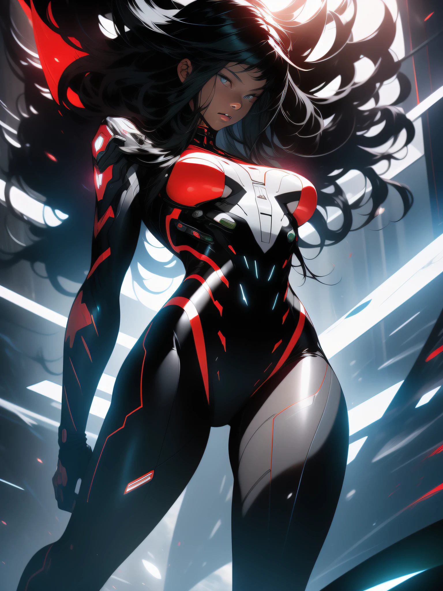 ((Best quality)), ((masterpiece)), (detailed: 1.4), (Absurd), Fighter pilot black woman afro ready for war, dark skin, flash dc comics, lightning and lightning, sculptural body defined muscle, (((full body)))), half thick naked thighs, closed mouth, muscular body covered by technological clothing, Neon Genesis Evangelion style, cyberpunk, generous neckline, ((perfect medium breasts)), (black eyes without pupils),  ((totally red and green clothing with white rays)), (((long straight black hair with heavy bangs on the forehead)))), long and black eyelashes heavy makeup, garter belt, by mucha, niji --V5, close to real, psychopath, crazy face, sexy pose, red and white background, 2 pieces clothing, pastel, centered, scale to fit the dimensions, HDR (High Dynamic Range), Ray Tracing,NVIDIA RTX,Super-Resolution,Unreal 5,Subsurface Dispersion, PBR Texture, Post-processing, Anisotropic Filtering, Depth of Field, Maximum Clarity and Sharpness, Multilayer Textures, Albedo and Specular Maps, Surface Shading, Accurate Simulation of Light-Material Interaction, Perfect Proportions, Octane Render, Two-Tone Lighting, Wide Aperture, Low ISO, White Balance, Rule of Thirds, 8K RAW, Crysisnanosuit