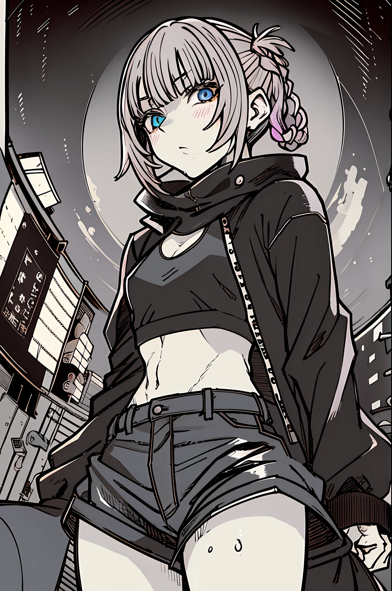 {{fisheye Lens f1.8, leica 35mm.}}, nanakusa nazuna, realistic:1.1, 1girl, arm up, black jacket, black shirt, black shorts, blue eyes, blunt bangs, crop top, eyeshadow, gradient hair, grey hair, hair rings, jacket, light purple hair, (covered mouth), looking at viewer, night sky, sky, solo, sweat, 10 years old, (narrow waist:1.1), (small breasts), navel, cloud, rain, bat