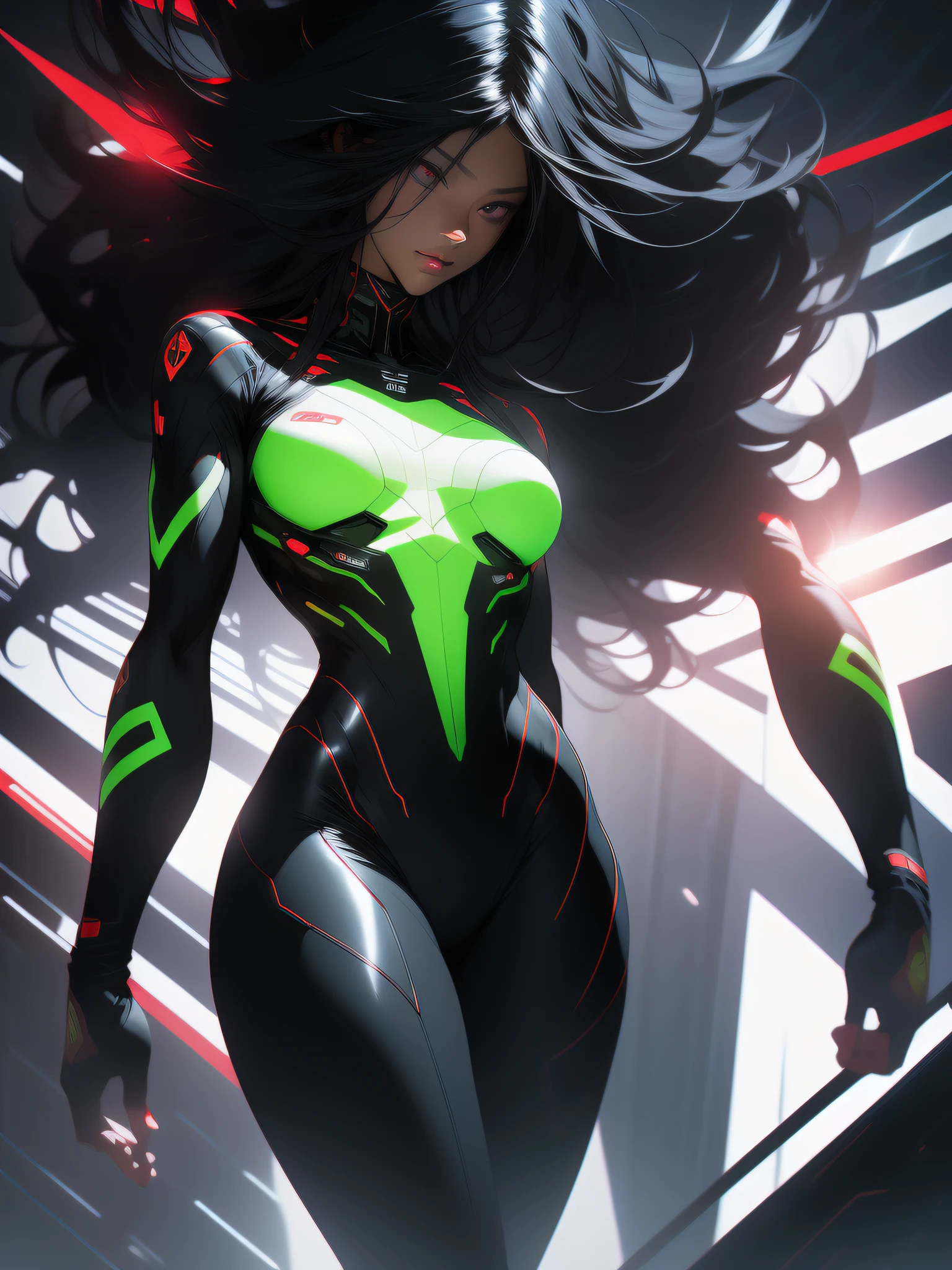 ((Best quality)), ((masterpiece)), (detailed: 1.4), (Absurd), Fighter pilot black woman afro ready for war, dark skin, flash dc comics, lightning and lightning, sculptural body defined muscle, (((full body)))), half thick naked thighs, closed mouth, muscular body covered by technological clothing, Neon Genesis Evangelion style, cyberpunk, generous neckline, ((perfect medium breasts)), (black eyes without pupils),  ((totally red and green clothing with white rays)), (((long straight black hair with heavy bangs on the forehead)))), long and black eyelashes heavy makeup, garter belt, by mucha, niji --V5, close to real, psychopath, crazy face, sexy pose, red and white background, 2 pieces clothing, pastel, centered, scale to fit the dimensions, HDR (High Dynamic Range), Ray Tracing,NVIDIA RTX,Super-Resolution,Unreal 5,Subsurface Dispersion, PBR Texture, Post-processing, Anisotropic Filtering, Depth of Field, Maximum Clarity and Sharpness, Multilayer Textures, Albedo and Specular Maps, Surface Shading, Accurate Simulation of Light-Material Interaction, Perfect Proportions, Octane Render, Two-Tone Lighting, Wide Aperture, Low ISO, White Balance, Rule of Thirds, 8K RAW, Crysisnanosuit