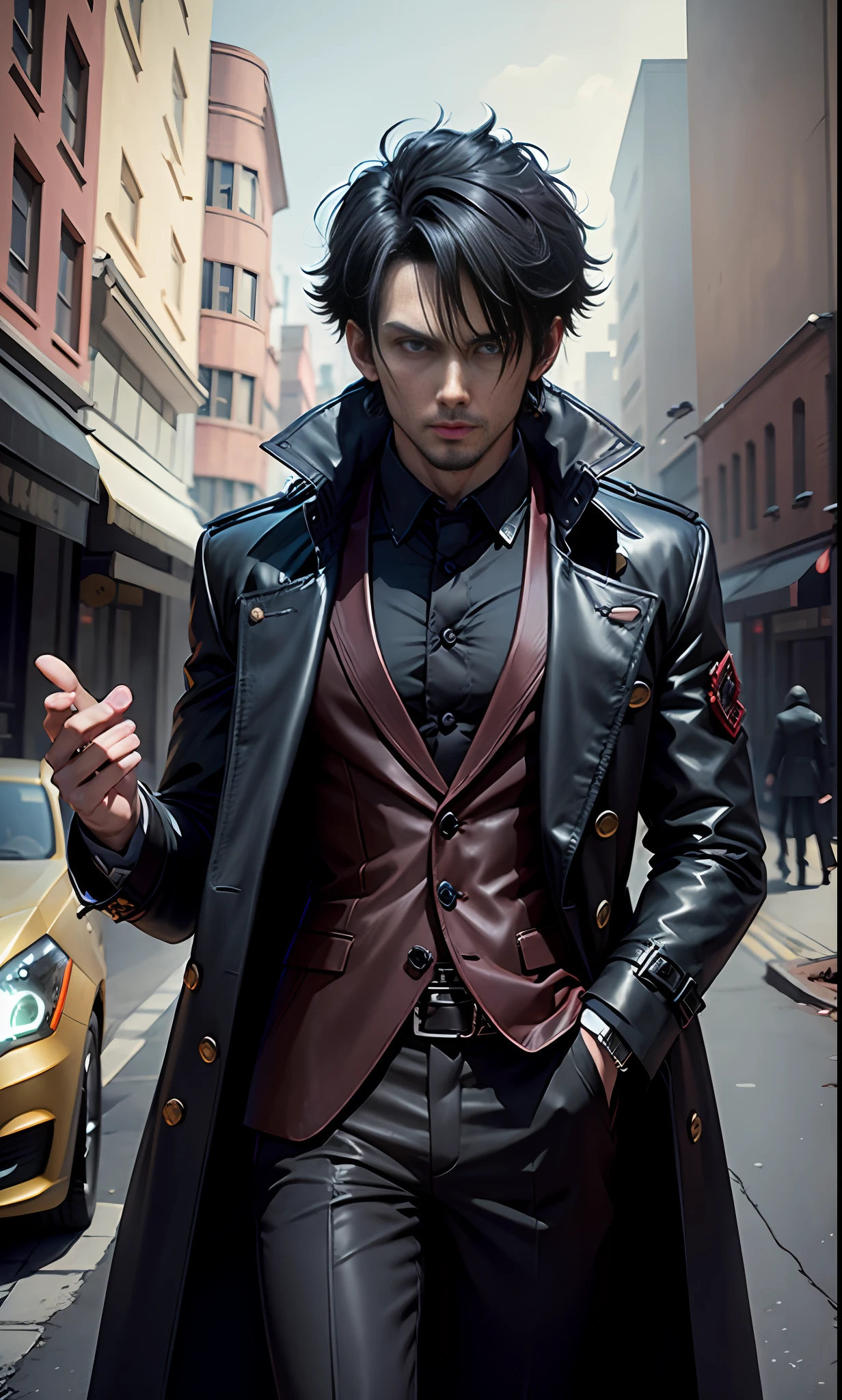 (Zombie Demon God, (wearing handsome suit + trench coat: 1.2), short black hair, very domineering, 3D rendering, movie lighting, movie special effects), background doomsday city ruins, clear HD, 8K resolution, very detailed, digital painting, concept art, Shinkai Makoto style, pop popularization trend, pop, pop trend, fashion trend on pixiv.