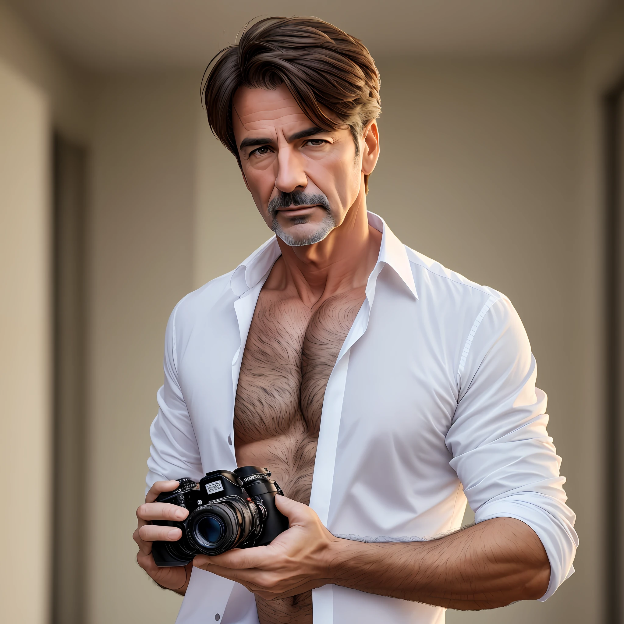 mature male, half-breasted, frowned, 4K, hi-res, masterpiece, top quality, sharp focus, (cinematic lighting), collarbone, [(detailed face: 1.2): 0.2], holding a SLR camera, wearing a white shirt --auto --s2